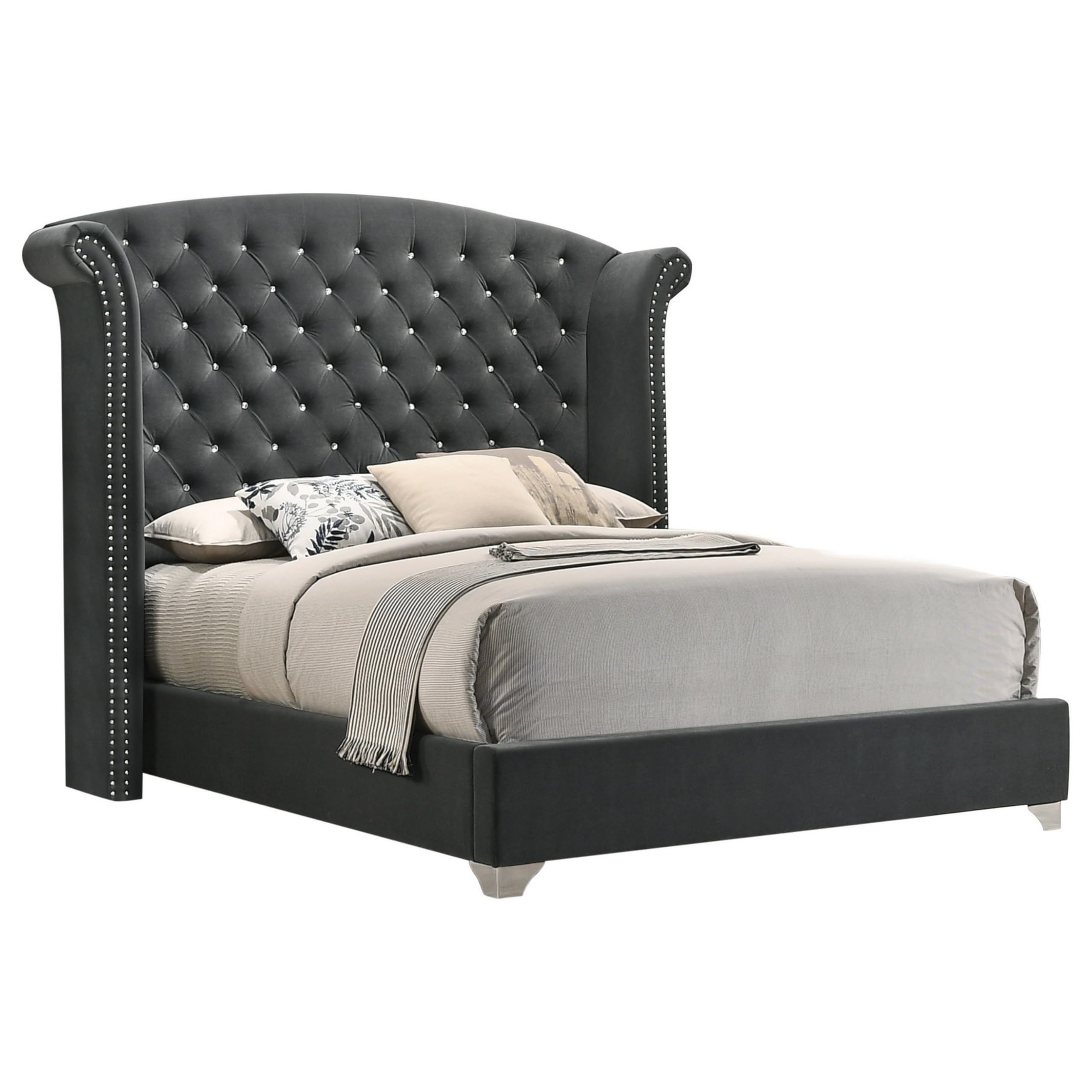 Giya Wingback Queen Bed, Tufted Headboard, Nailed Gray Velvet Upholstery