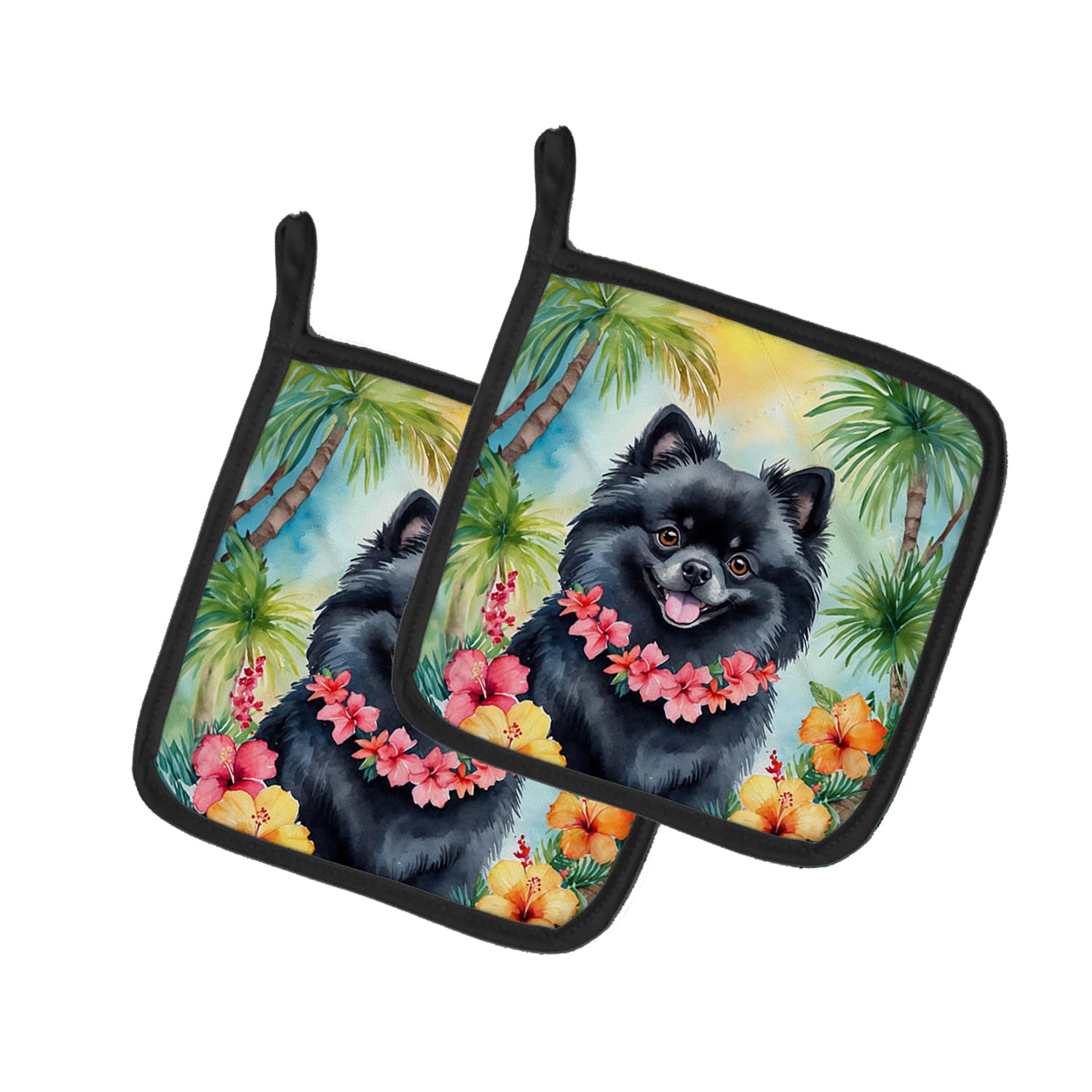 Pomeranian Luau Pair of Pot Holders
