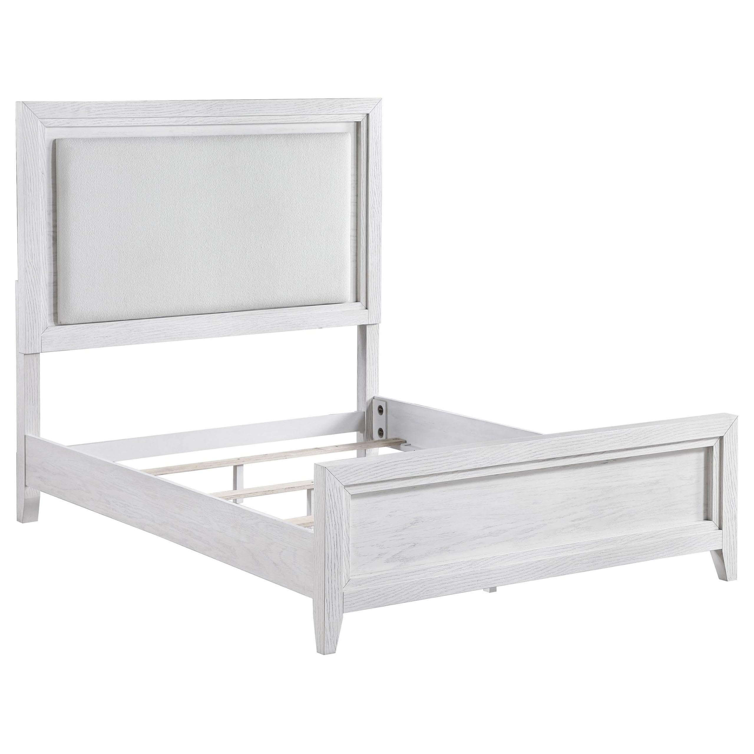 Leva Queen Bed, Upholstered LED Headboard, Modern White Acacia Wood