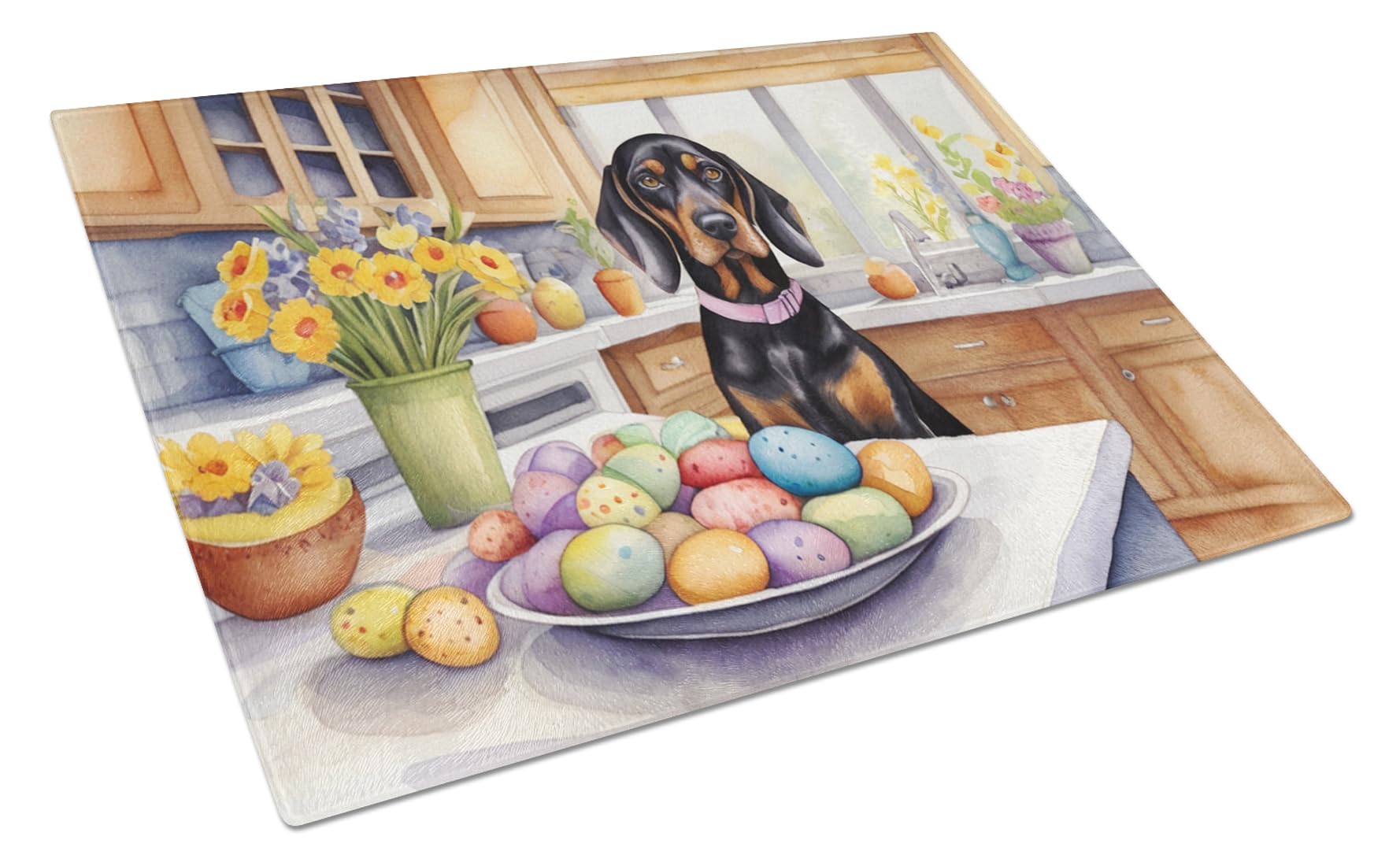 Carolines Treasures DAC6764LCB Decorating Easter Black and Tan Coonhound Glass Cutting Board Decorative Tempered Glass Kitchen Cutting and Serving Board Large Size Chopping Board