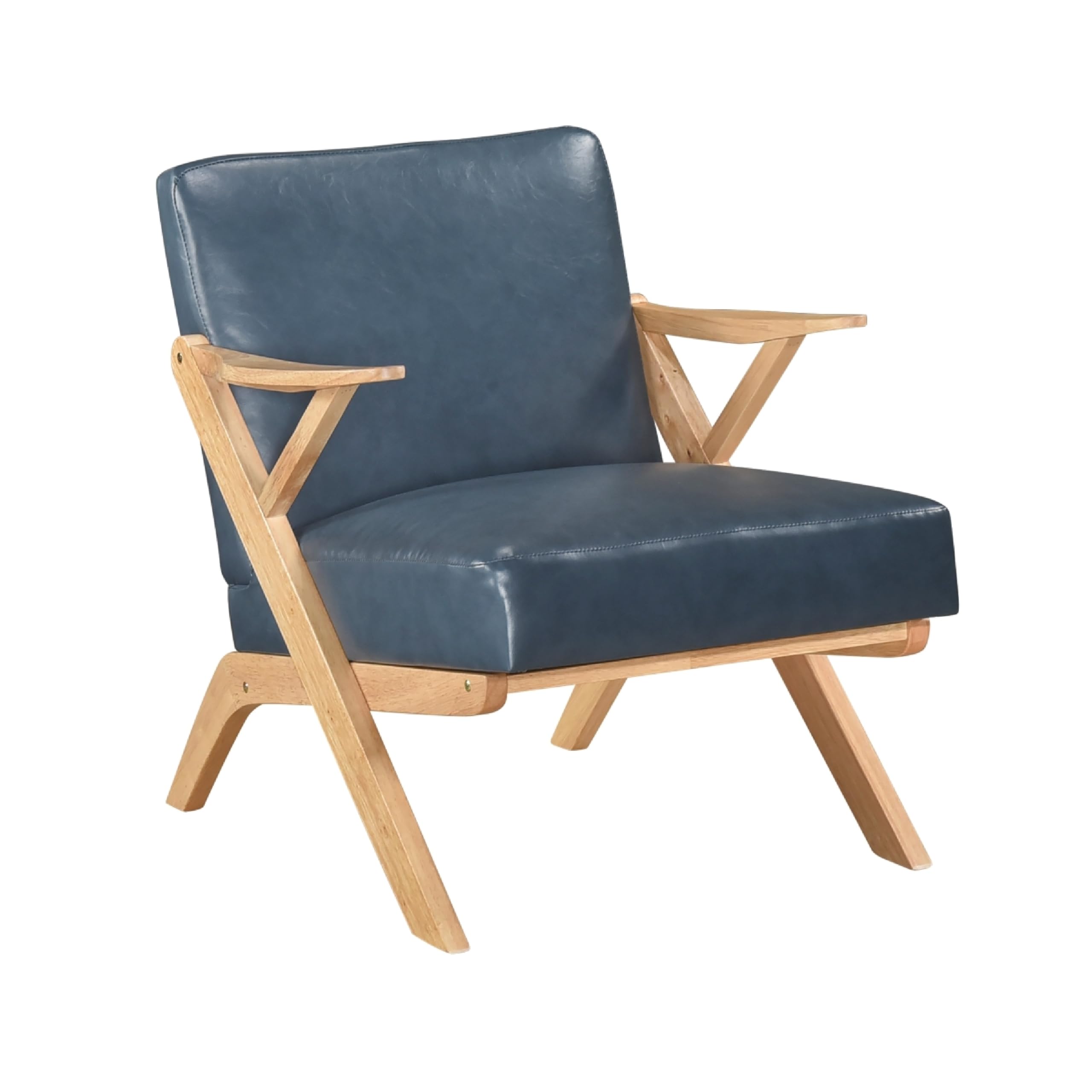 Gya Accent Chair, Blue Faux Leather, Natural Brown Rubberwood
