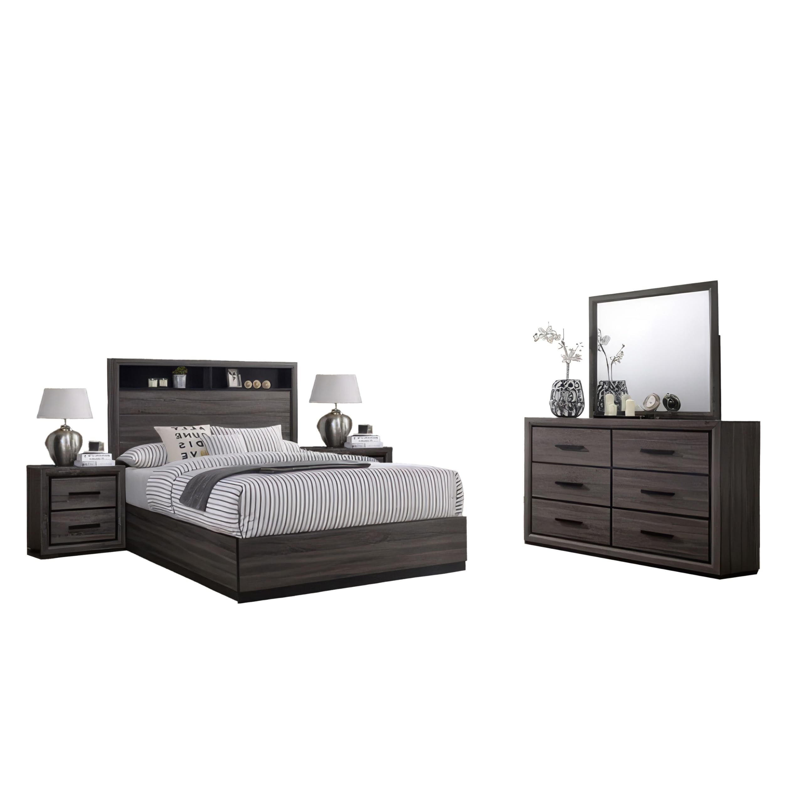 Kalie 5pc Queen Bedroom Set with Bookcase Headboard, 2 Nightstands, Gray