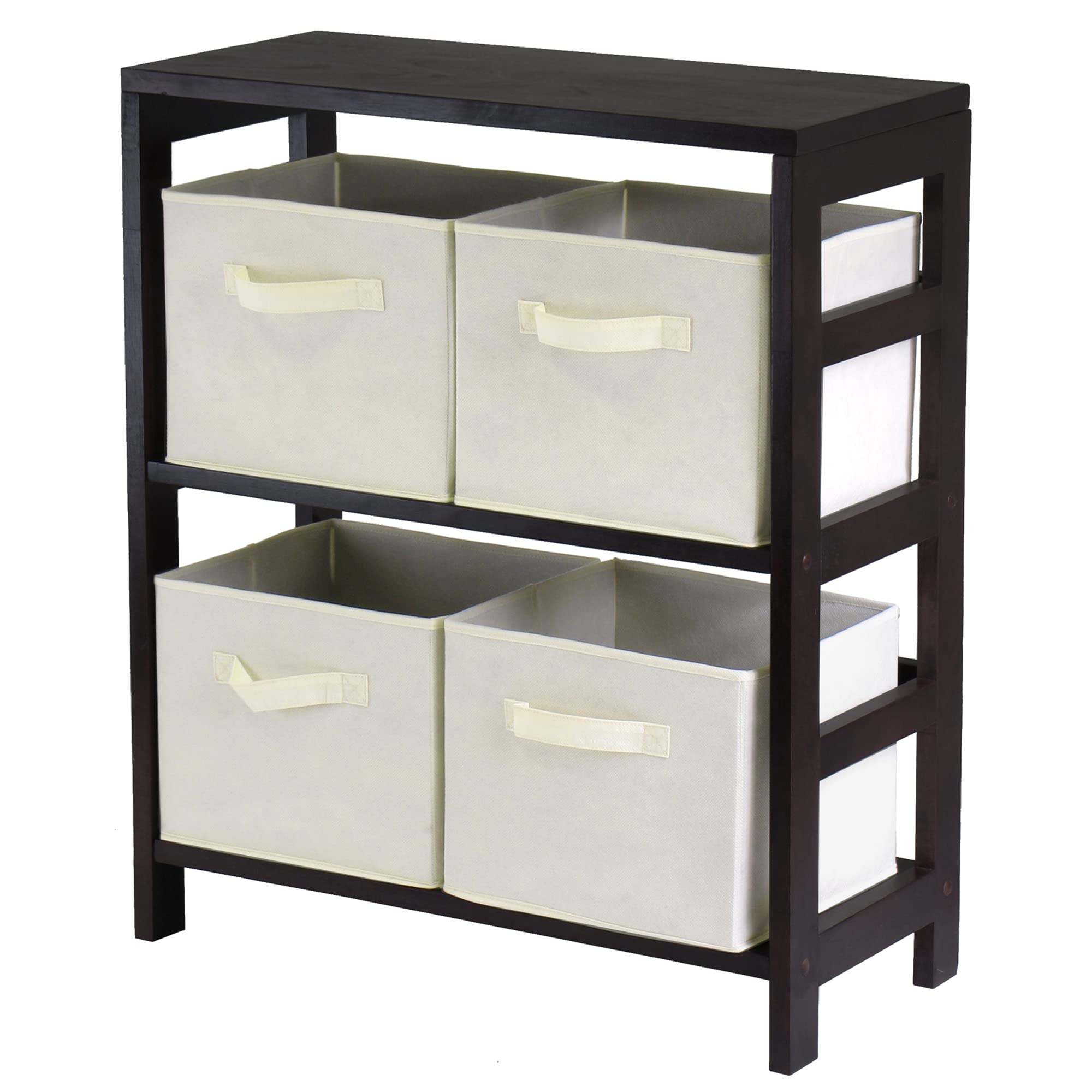 Capri 5-Pc Storage2- Shelf with 4 Foldable Beige Fabric Baskets, Espresso and Beige