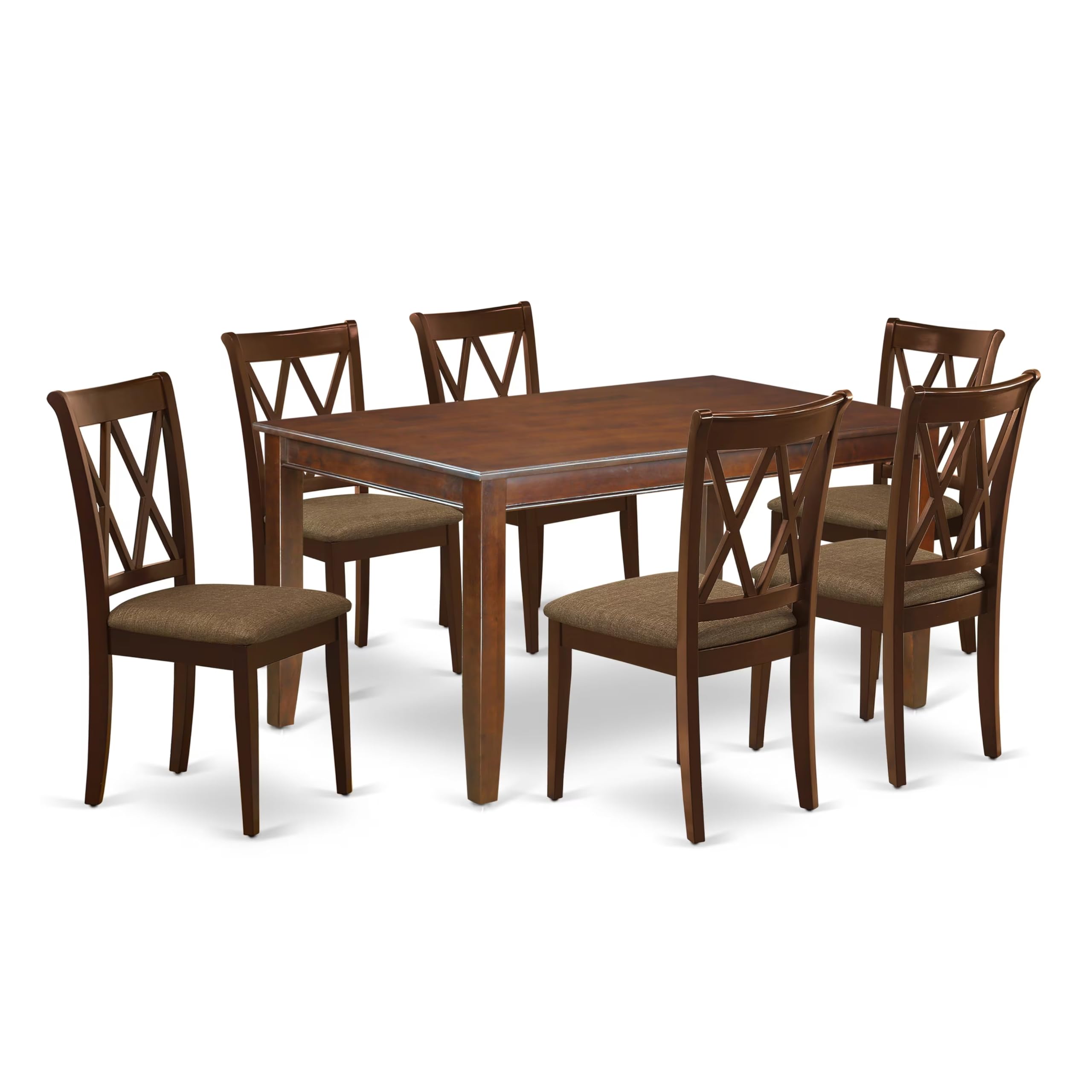 DUCL7-MAH-C 7Pc Dinette Set Includes a Rectangular Kitchen Table and Six Double X Back Linen seat Dining Chairs, Mahogany Finish