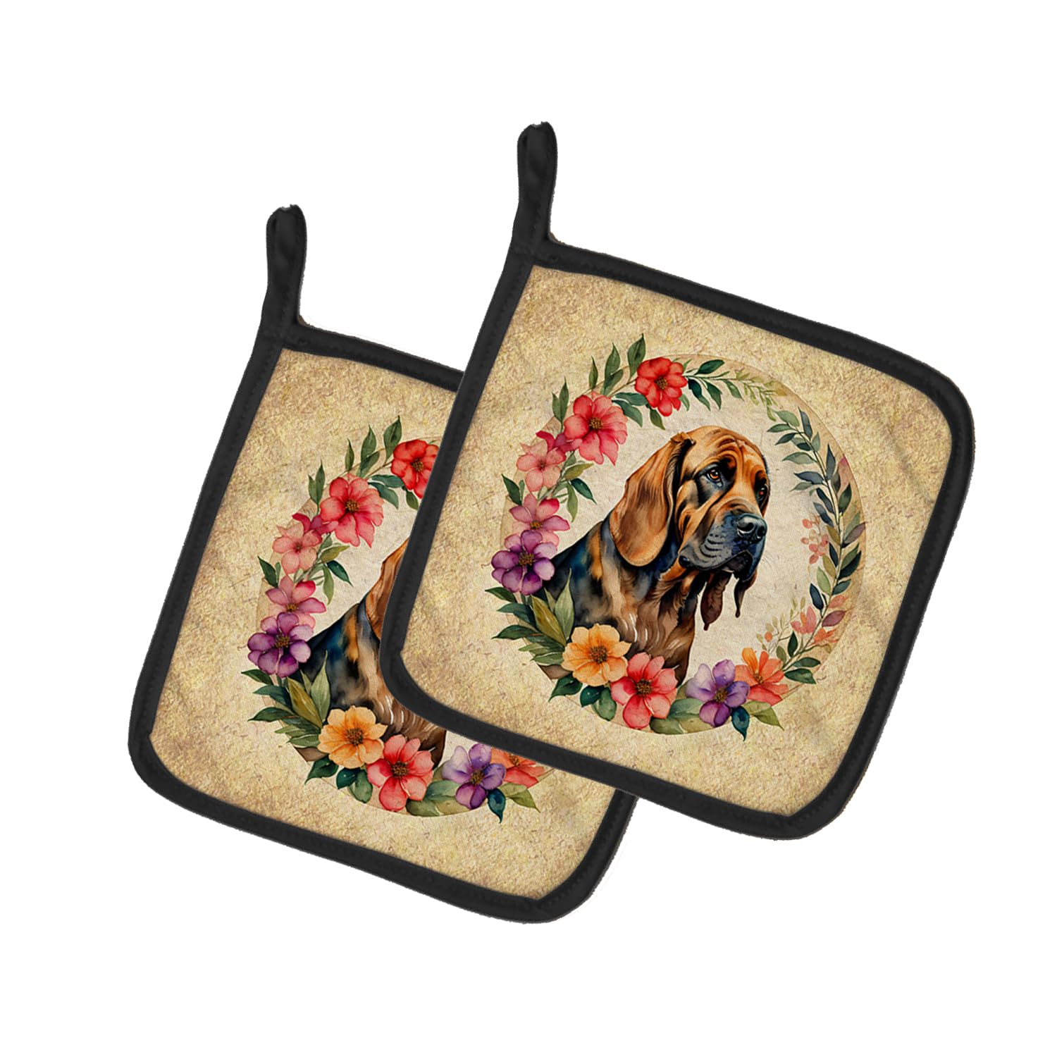Bloodhound and Flowers Pair of Pot Holders