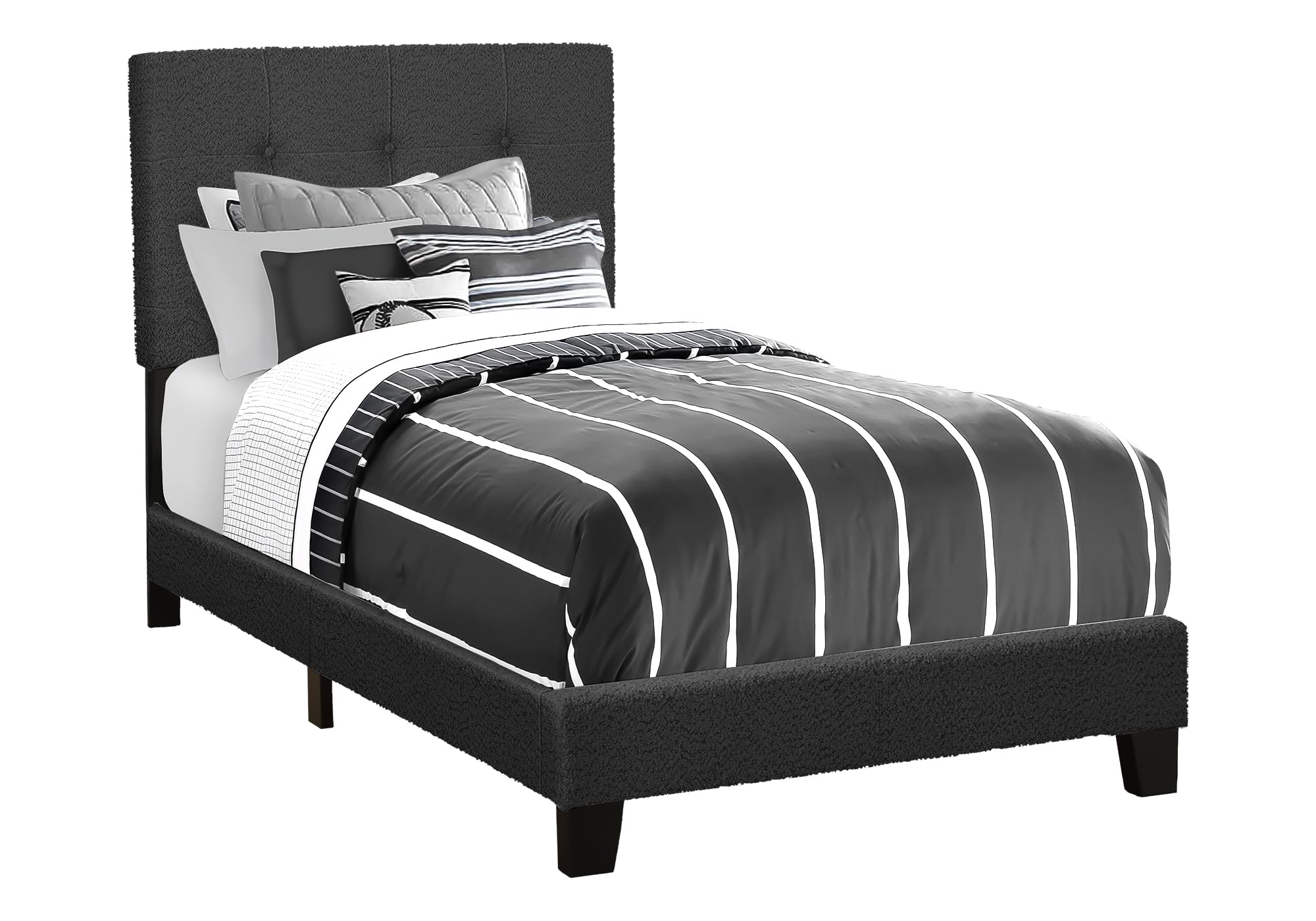 Bed, Twin Size, Upholstered Black Boucle, Transitional