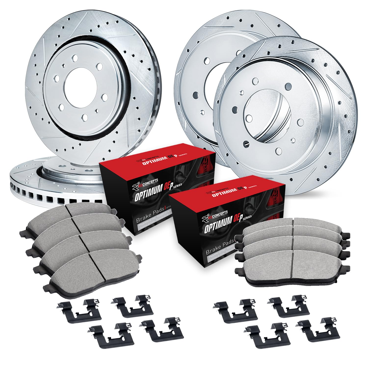 R1 Concepts Drilled and Slotted Silver Disc Brake Rotor Set with Optimum Oe Pads and Hardware WGUH2-93001