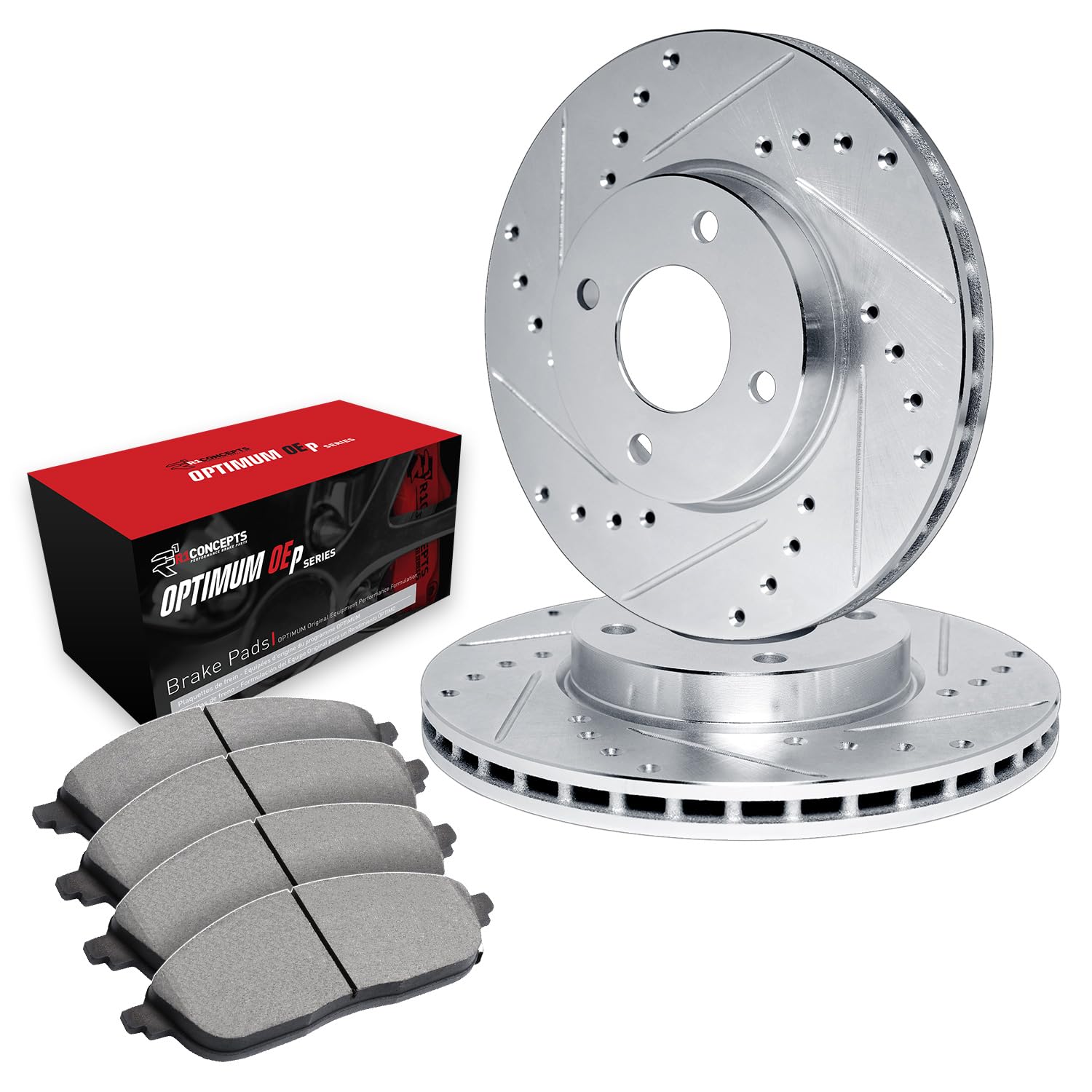 R1 Concepts Drilled and Slotted Silver Disc Brake Rotor Set with Optimum Oe Pads WGUN1-92005