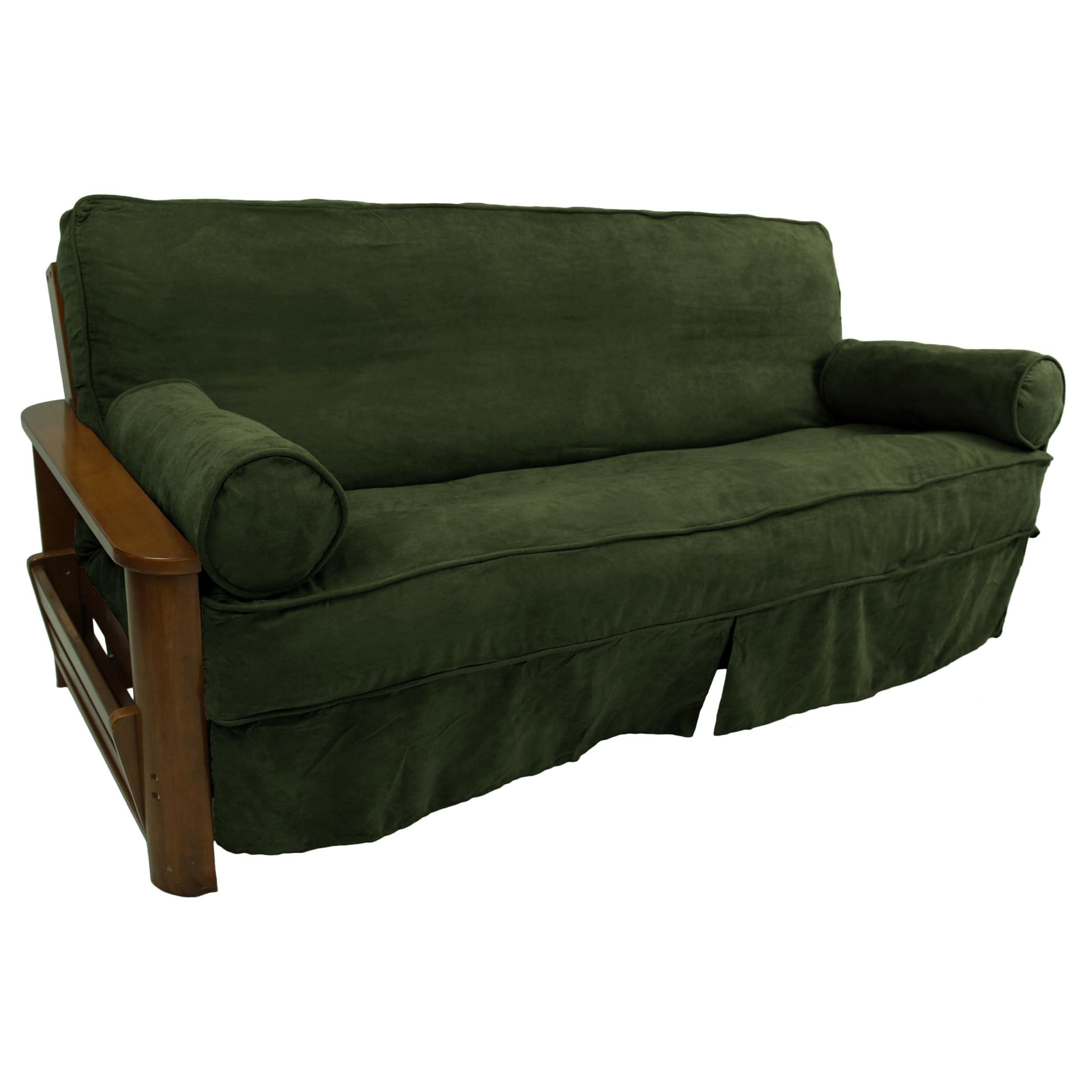 Solid Microsuede Double Corded 8 to 9-inch Full Futon Slipcover Set with Two 20 by 8-inch Bolster Pillows (Set of 3) - Hunter Green
