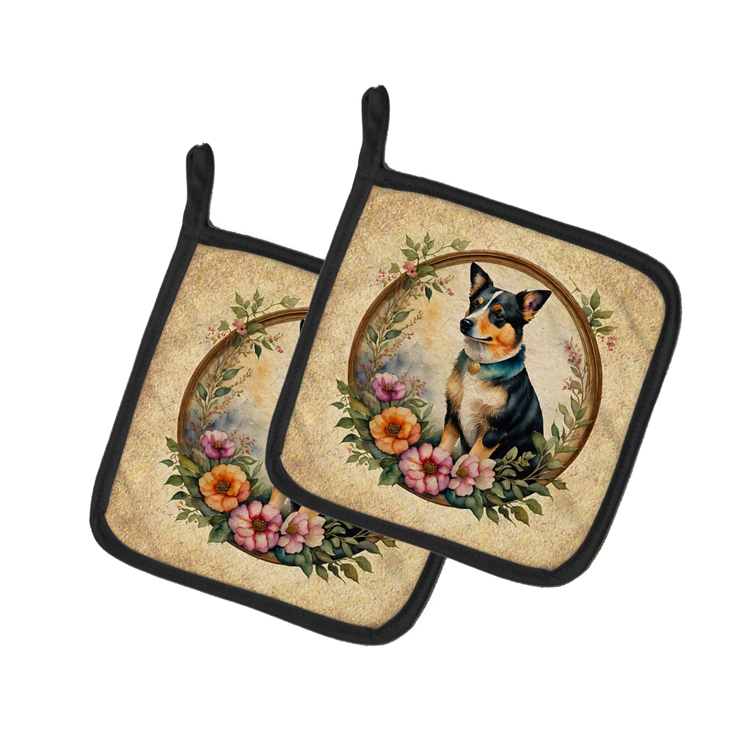 Lancashire Heeler and Flowers Pair of Pot Holders