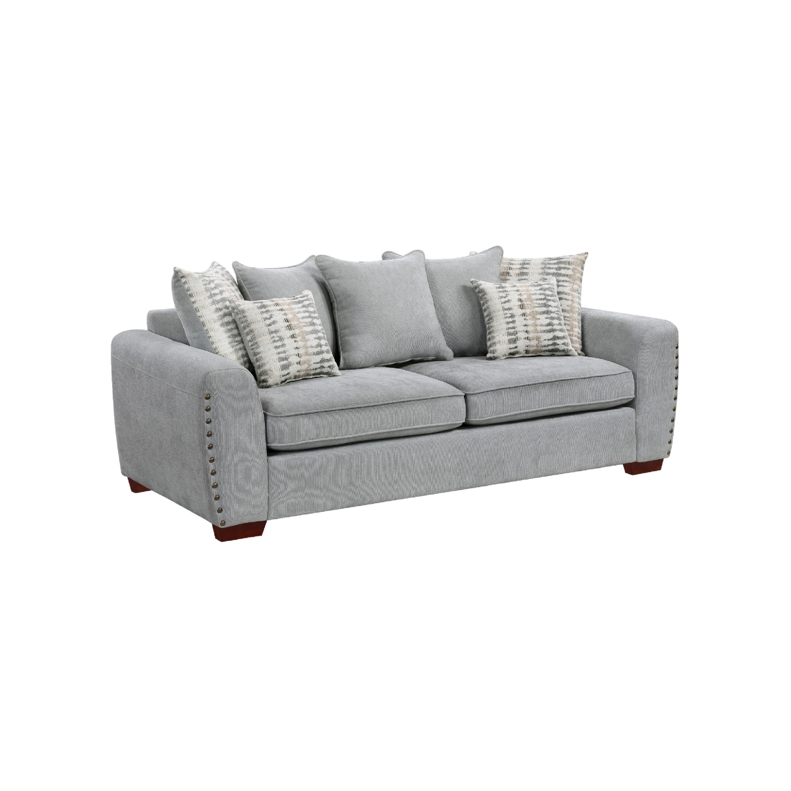 Gini Sofa, 7 Accent Pillows, Nailhead Trim, Gray Chenille, 82 Inch