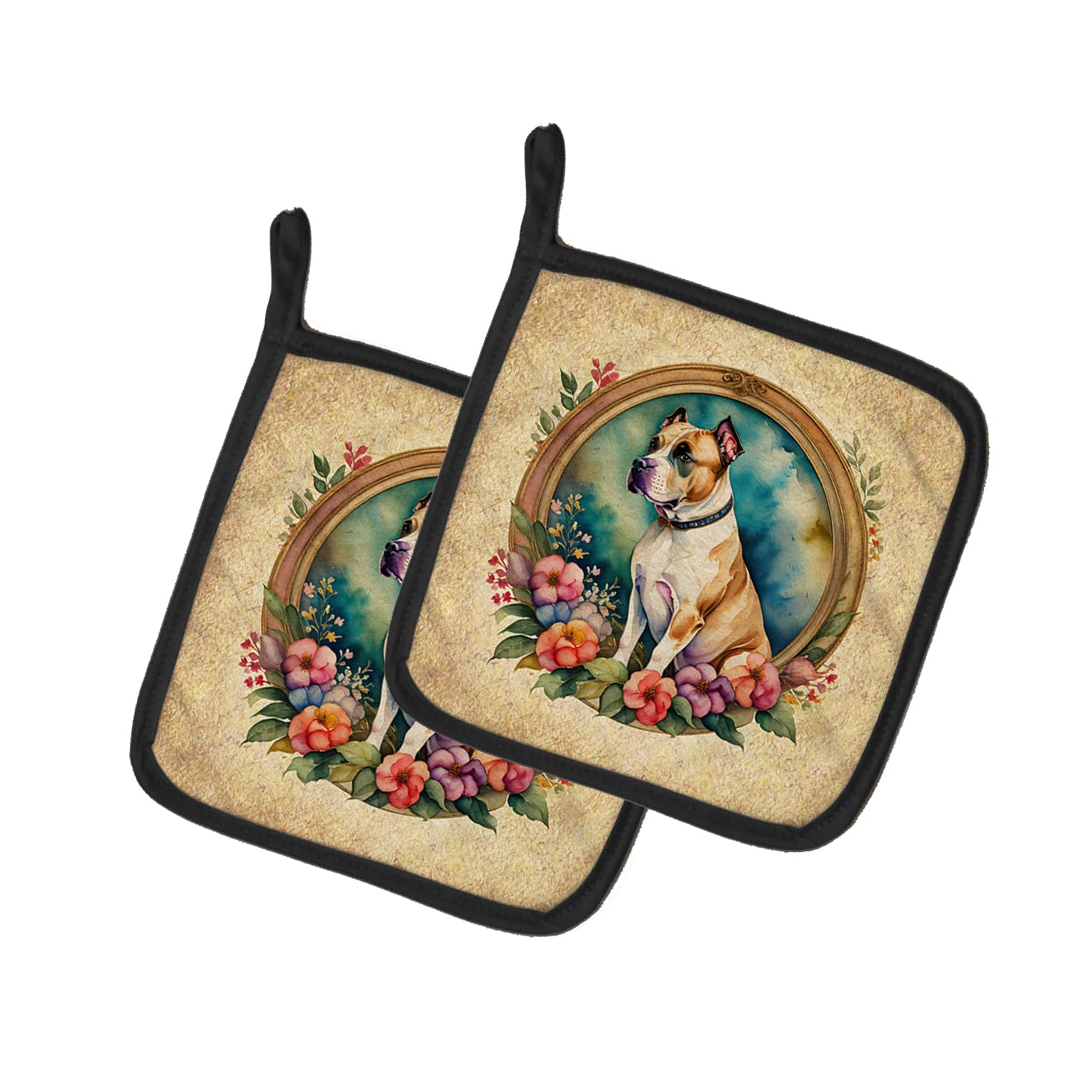 American Staffordshire Terrier and Flowers Pair of Pot Holders