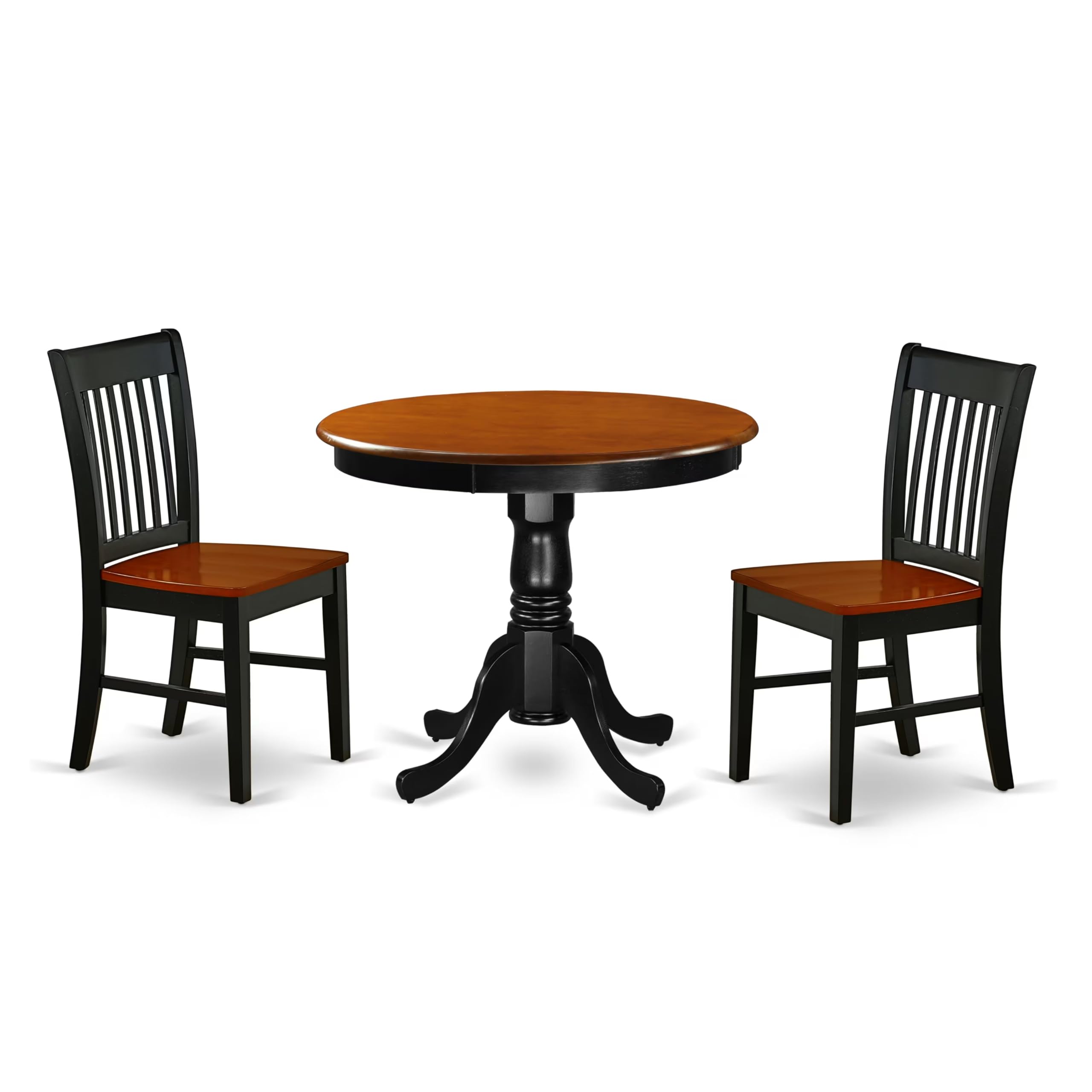 East West Furniture ANNO3-BCH-W 3 Piece Kitchen Set Contains a Round Dining Room Table with Pedestal and 2 Solid Wood Seat Chairs, 36x36 Inch