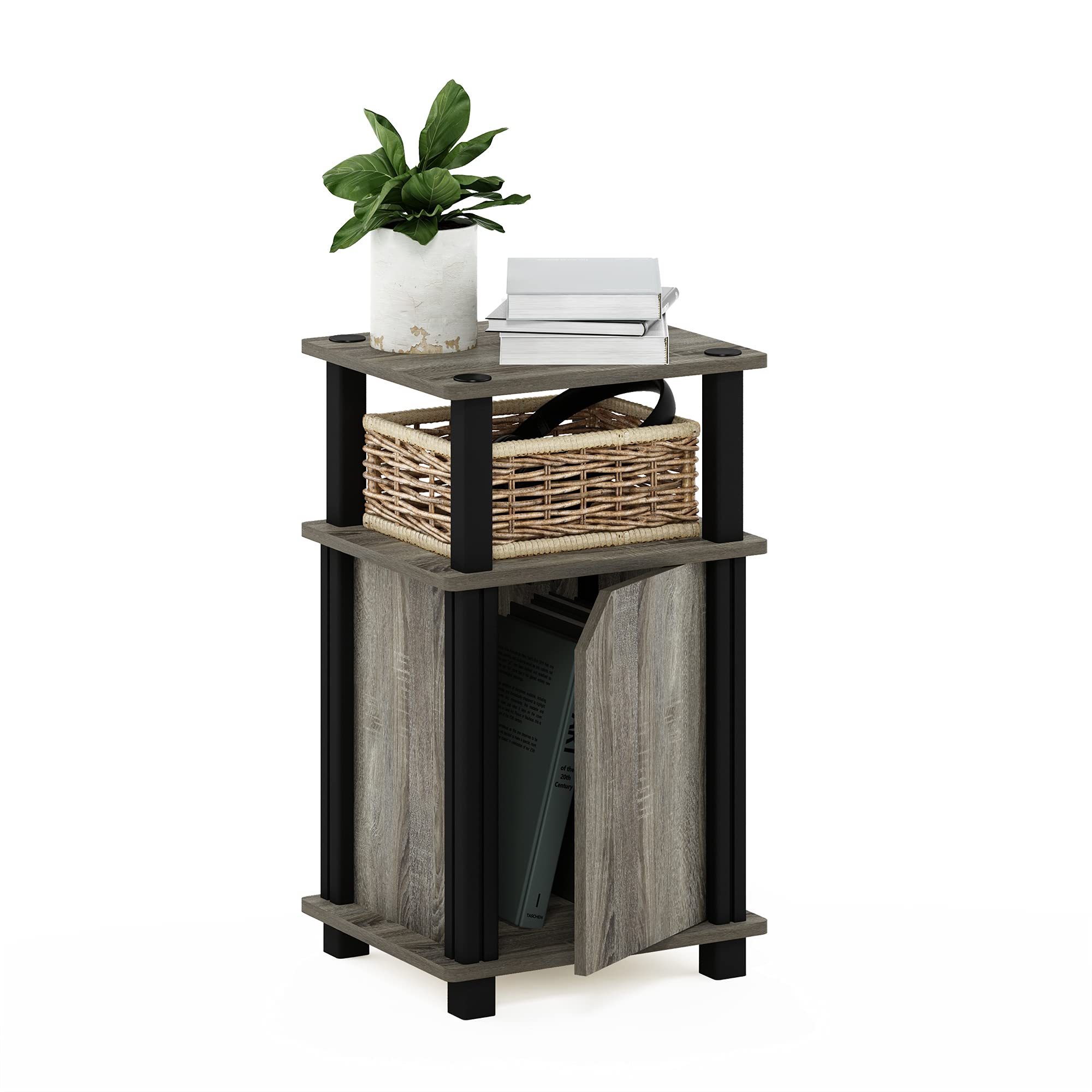 Furinno Just 3-Tier End Table with Door, French Oak/Black