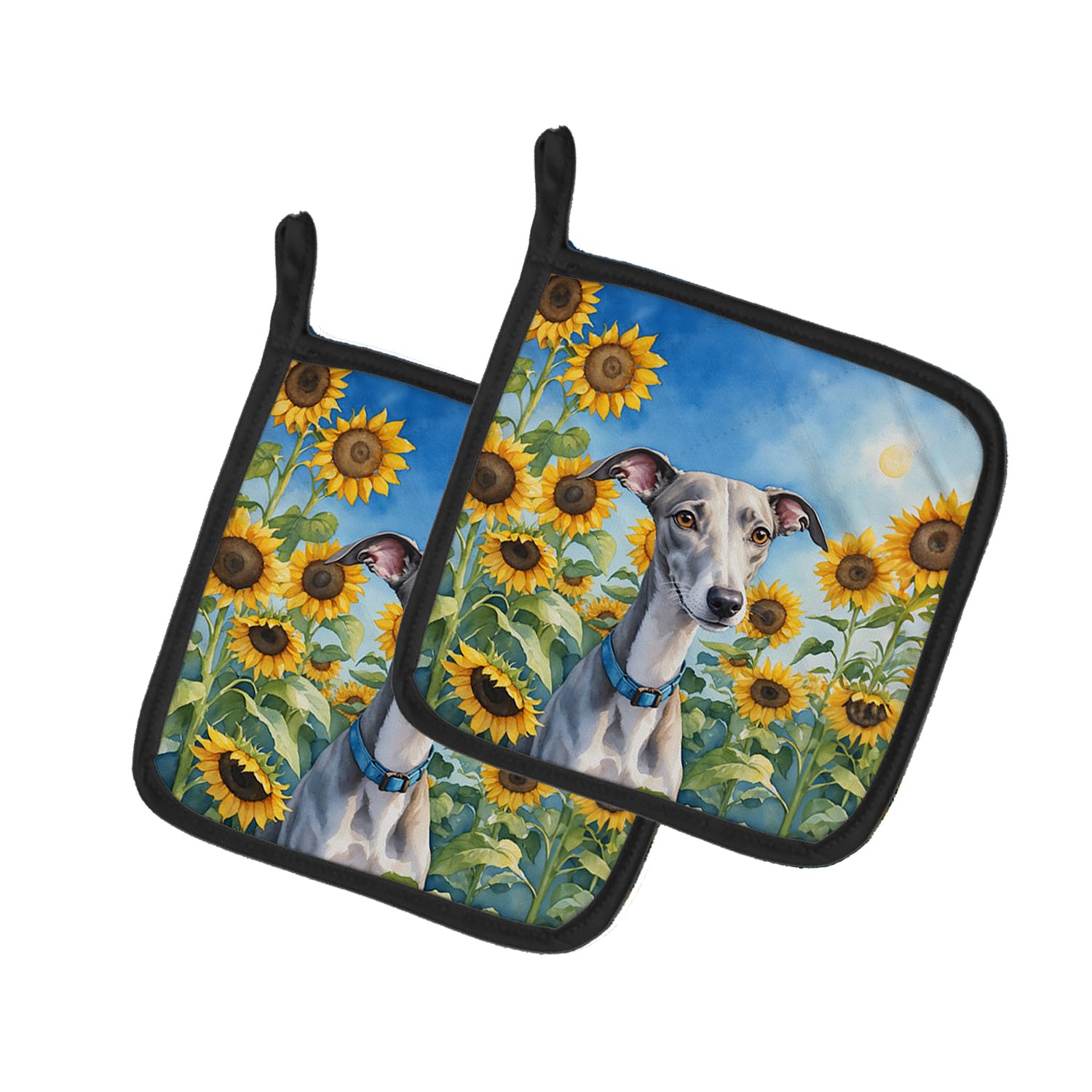 Whippet in Sunflowers Pair of Pot Holders