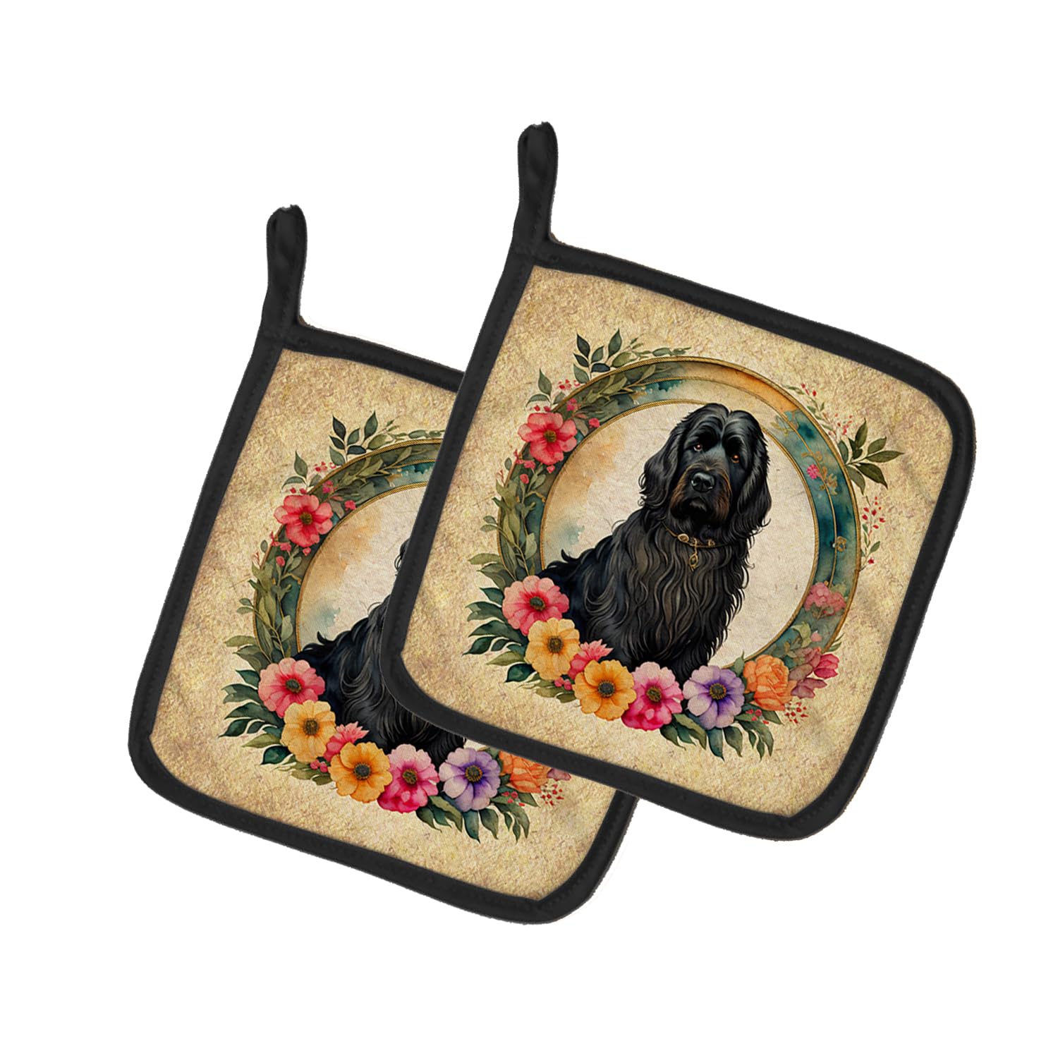 Briard and Flowers Pair of Pot Holders