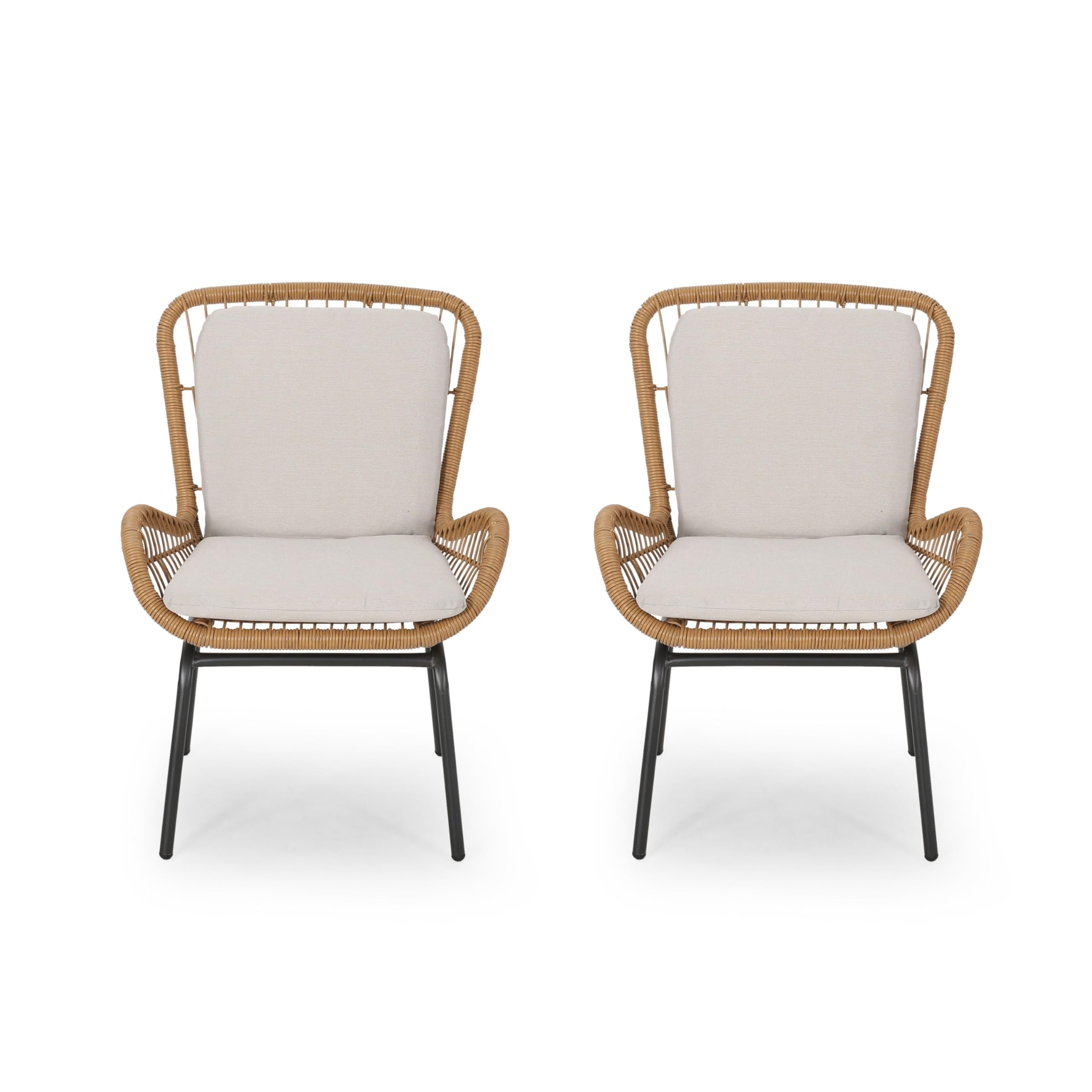 Outdoor Accent Chair Set of 2, White Fabric, Brown Faux Rattan, Black