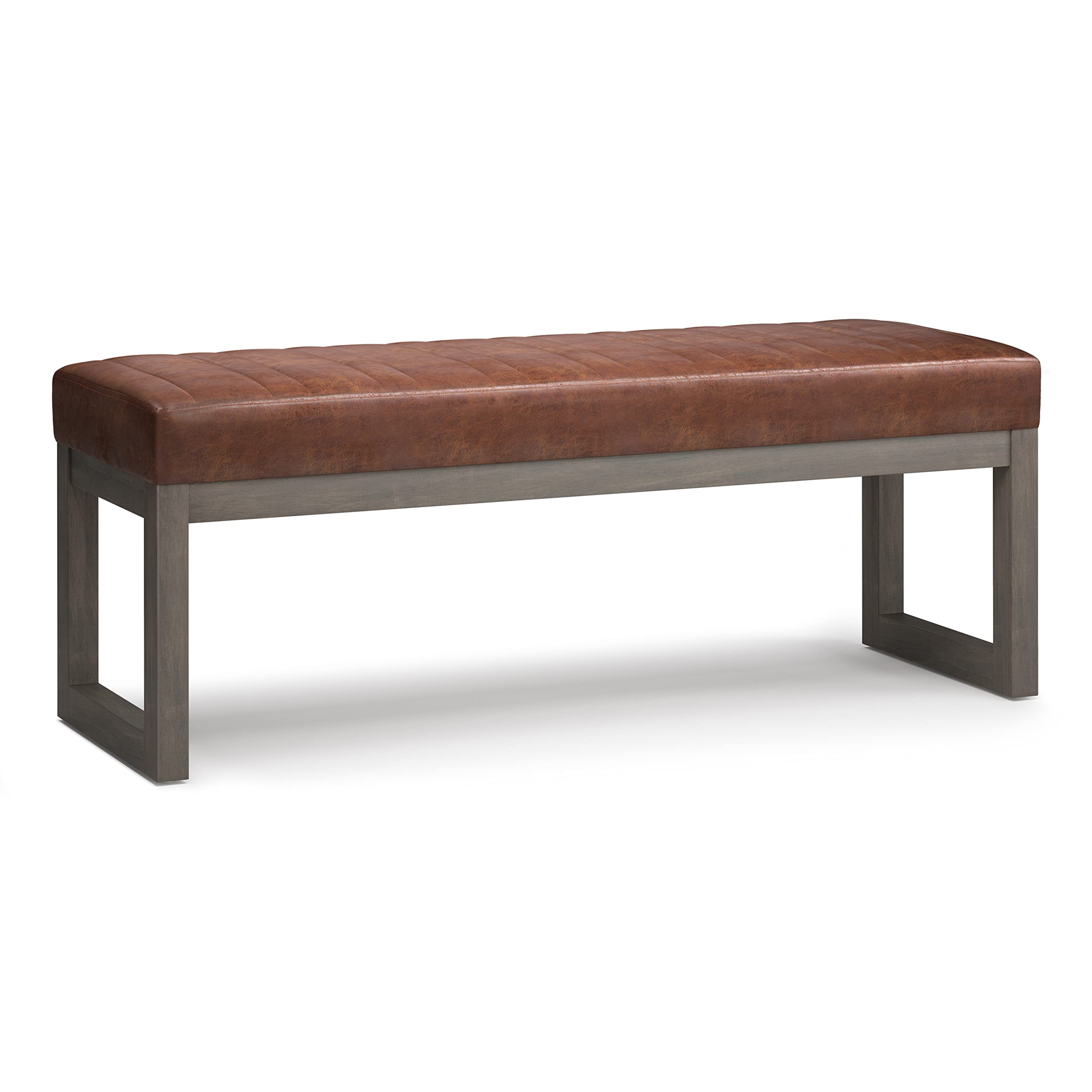 Simplihome Casey 48 Inch Wide Rectangle Ottoman Bench Distressed Saddle Brown Taupe Footrest Stool, Faux Leather For Living Room