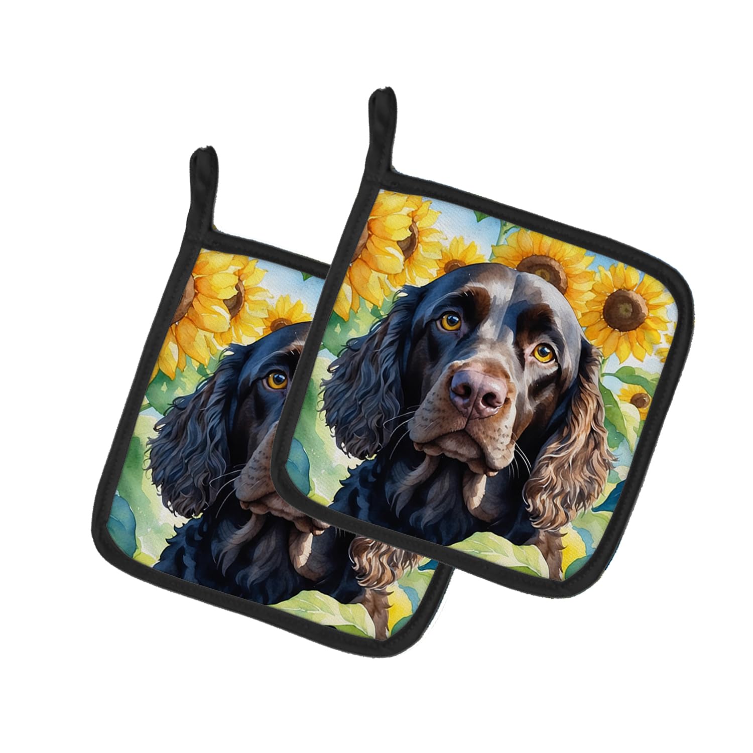 American Water Spaniel in Sunflowers Pair of Pot Holders