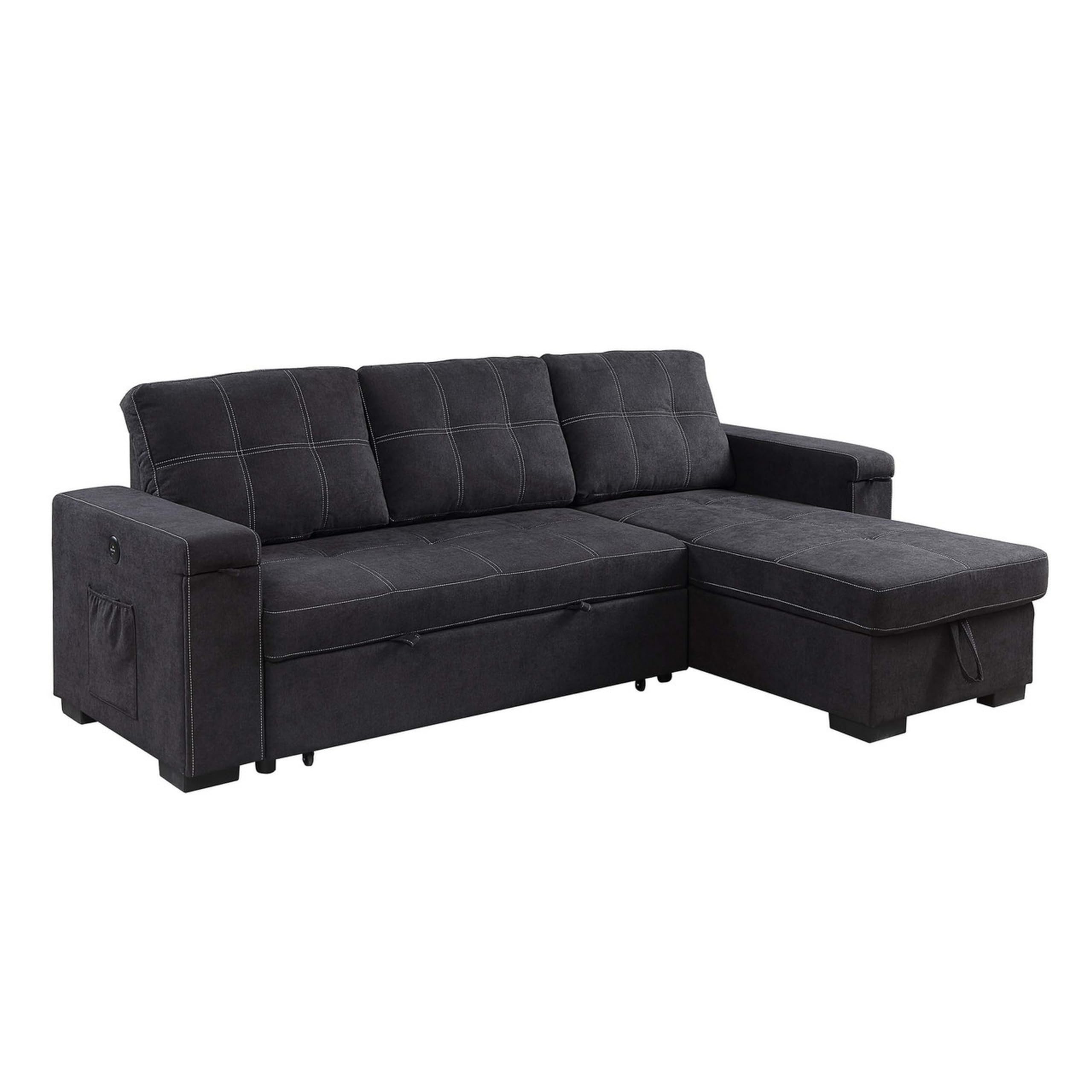 Oby 95 Inch Reversible Sleeper Sectional Sofa, Storage Chaise, USB, Black