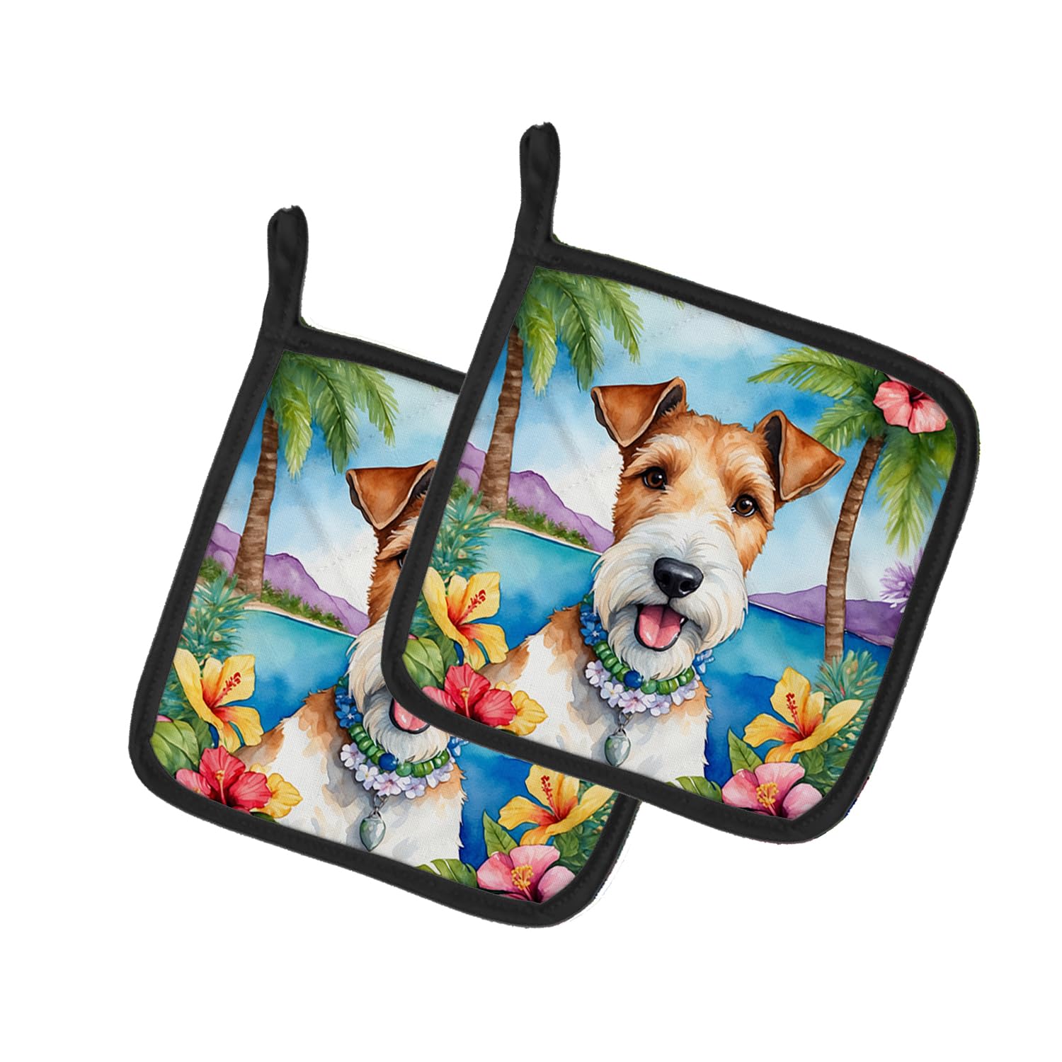 Fox Terrier Luau Pair of Pot Holders