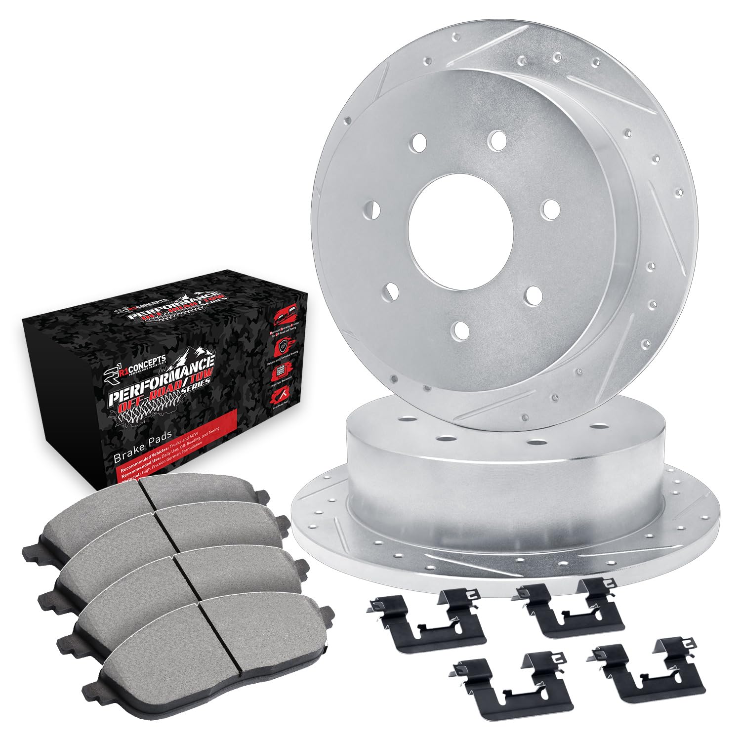 R1 Concepts Drilled and Slotted Silver Disc Brake Rotor Set with Off-Road/Tow Brake Pads and Hardware WGVH1-54037