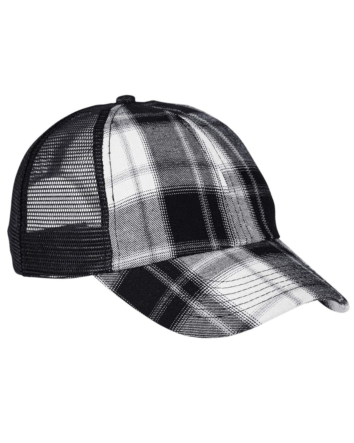 VB101 | VIBE- Cotton mid-weight twill crown and visor with nylon mesh back panels, six panel, unstructured, low-profile cap with heavy enzyme wash and dyed to match snap back cloure. - WHITE/BLACK PLAID
