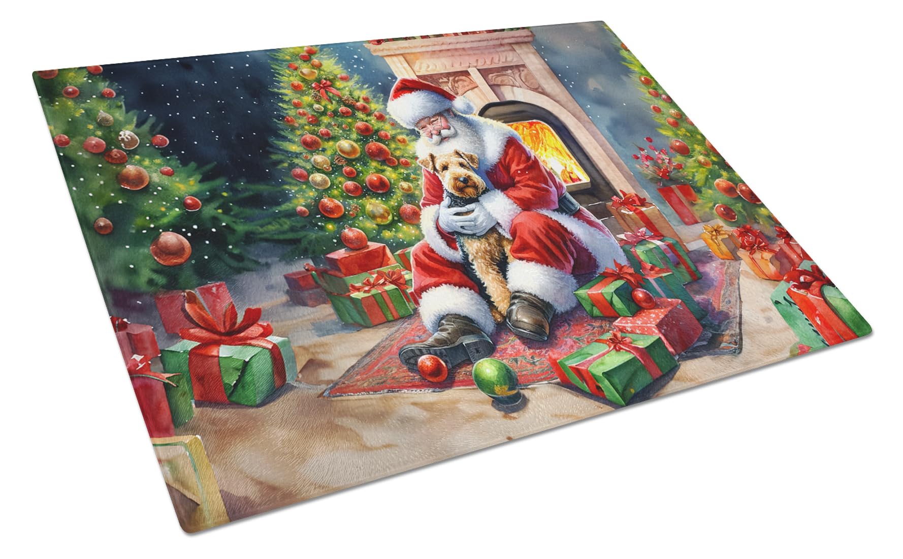 Carolines Treasures DAC4135LCB Lakeland Terrier and Santa Claus Glass Cutting Board Decorative Tempered Glass Kitchen Cutting and Serving Board Large Size Chopping Board