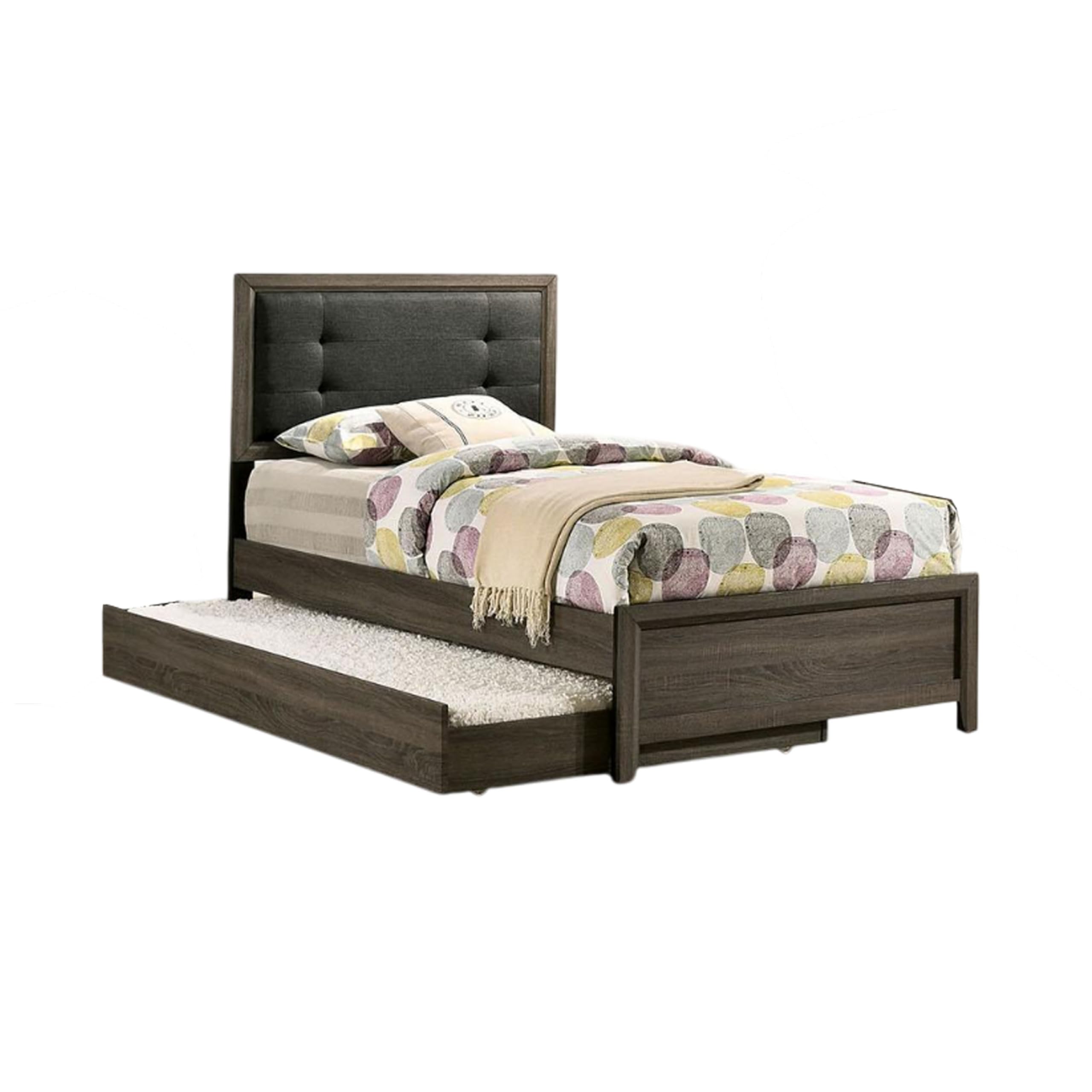 Meli Full Size Bed, Tufted Fabric Upholstery, Dark Gray Solid Wood
