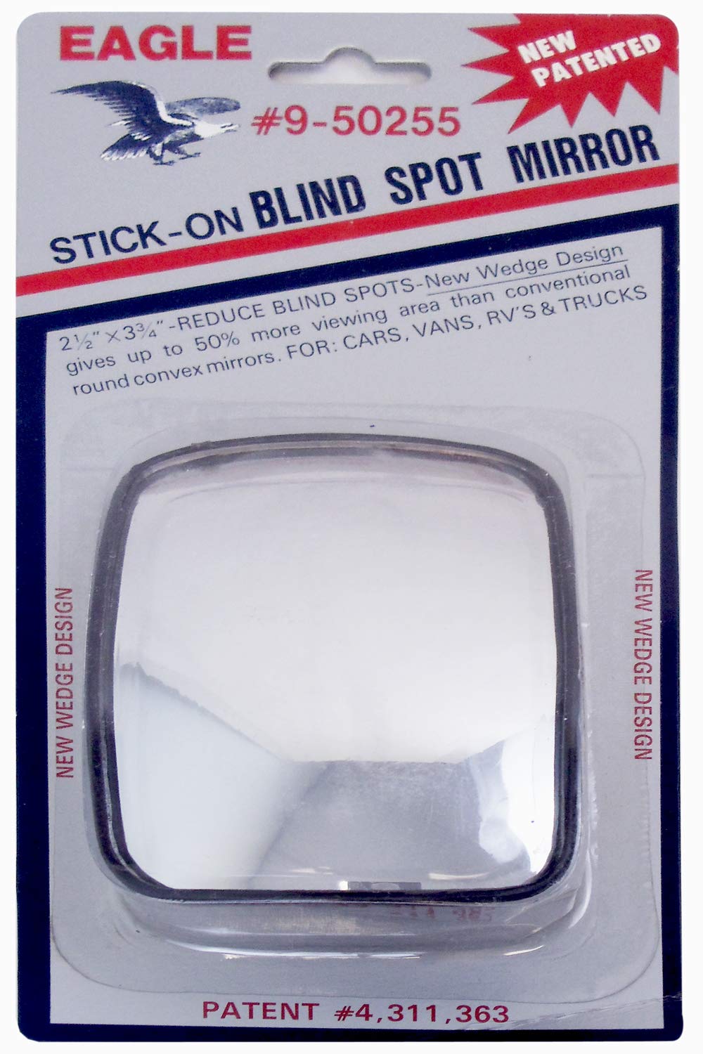 EAGLE 2-1/2 X 3-3/4 STICK-ON WEDGE SYTLE BLIND SPOT MIRROR. PROVIDES 50% MORE VIEWING AREA THAN CONVENTIONAL ROUND CONVEX MIRRORS