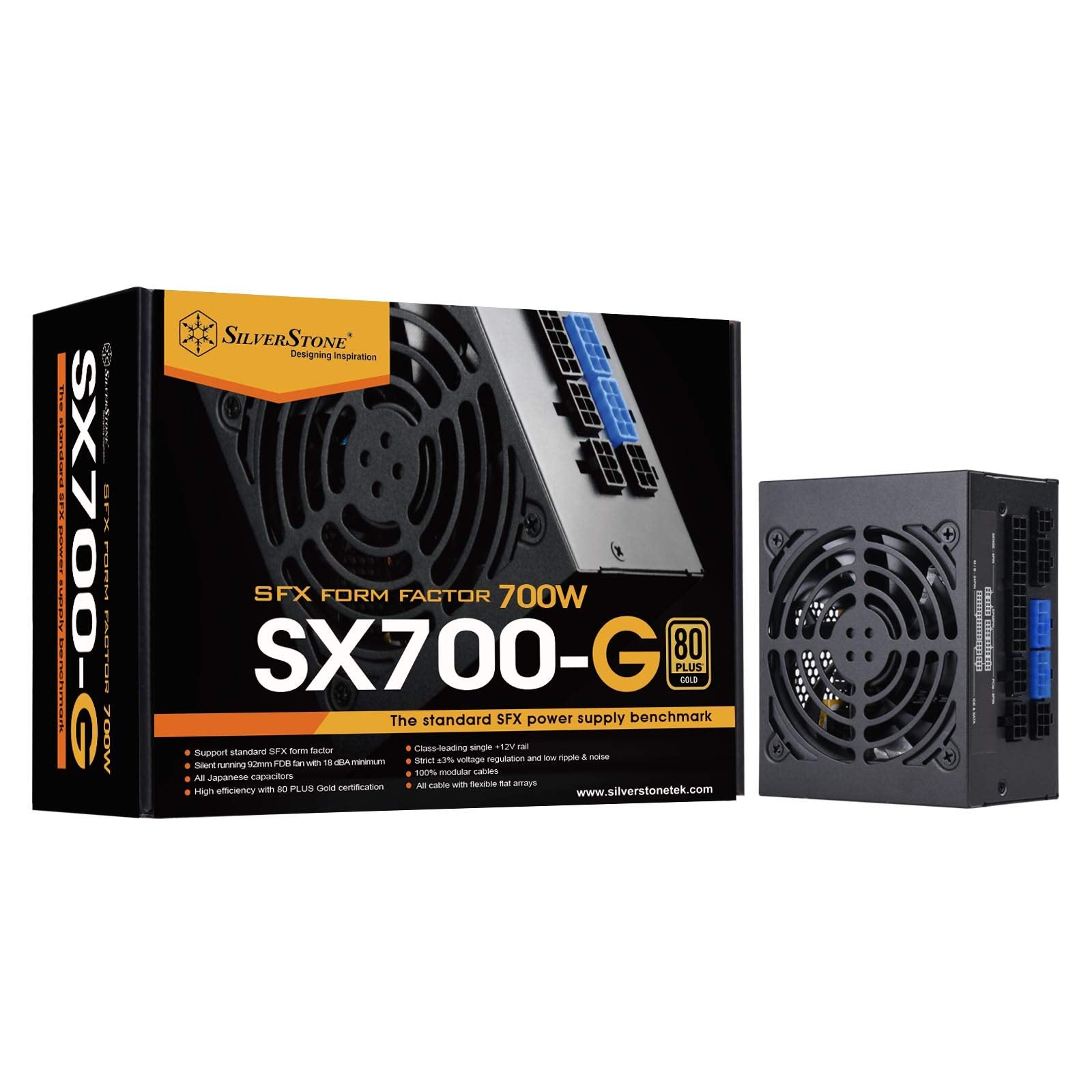 700W, SFX form factor, single +12V rails with 58.4A output, Silent 92mmFan with 18dBA, efficiency 80Plus Gold certification, fully modular cable, 4x 6+2pin PCI-E.