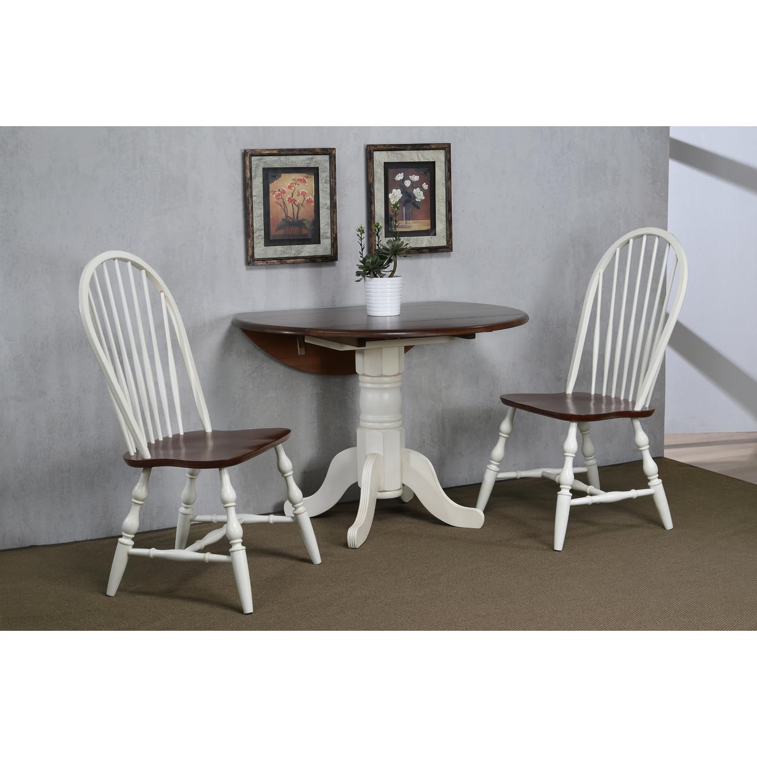 Sunset Trading Andrews 3 Piece 42 Round Drop Leaf Dining Set | Chestnut Brown | Spindleback Chairs | Seats 6"