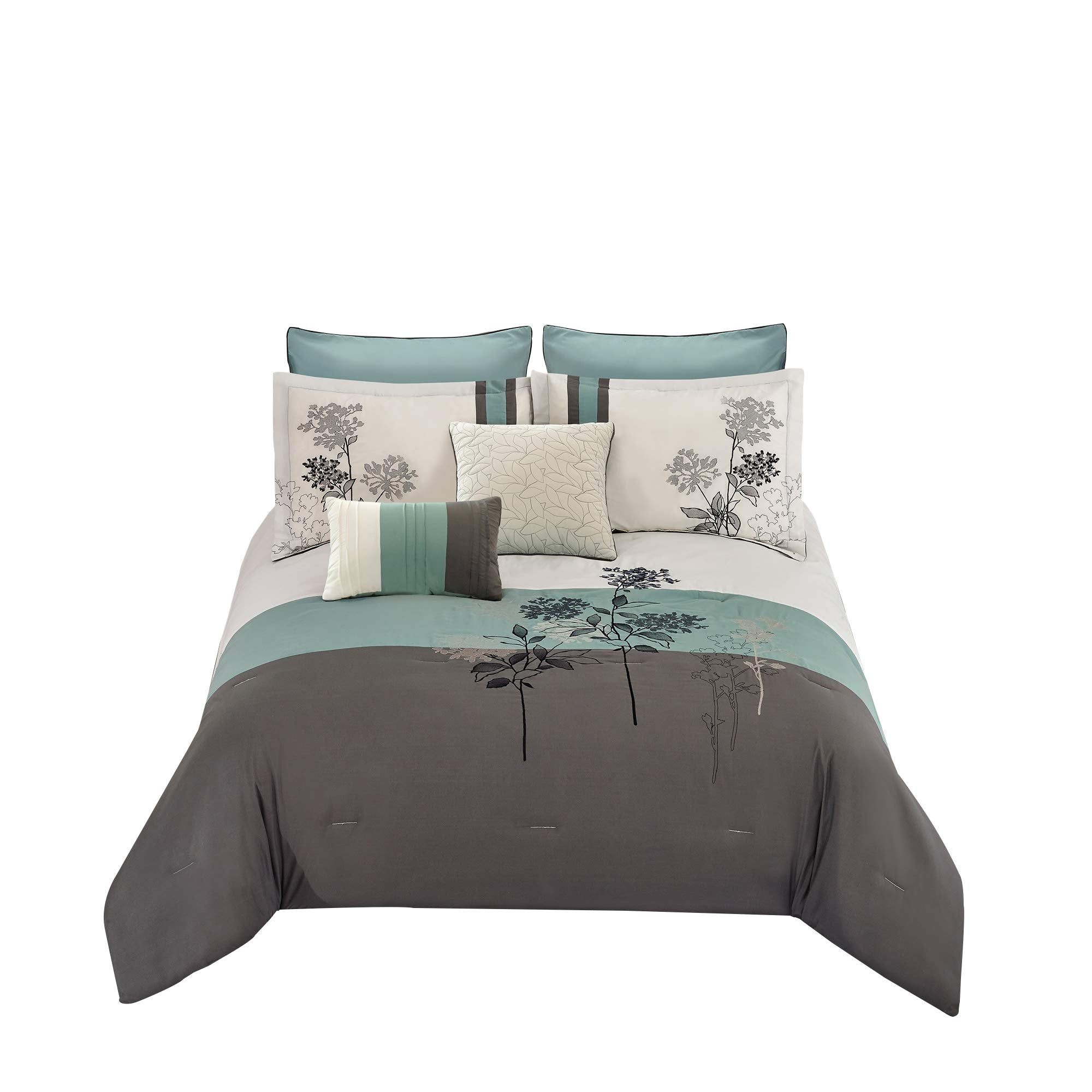 8 Piece King Polyester Comforter Set with Floral Embroidery, Multicolor