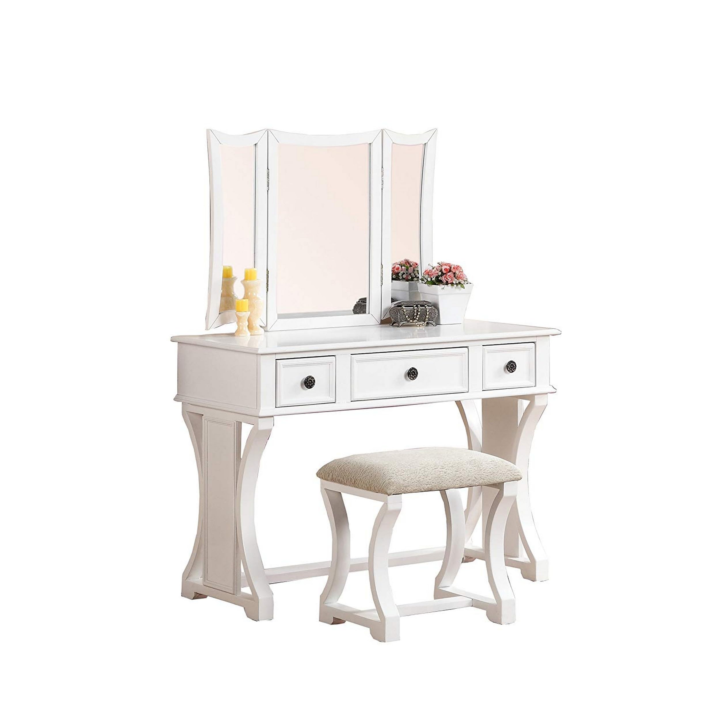 Modish Vanity Set Featuring Stool And Mirror White