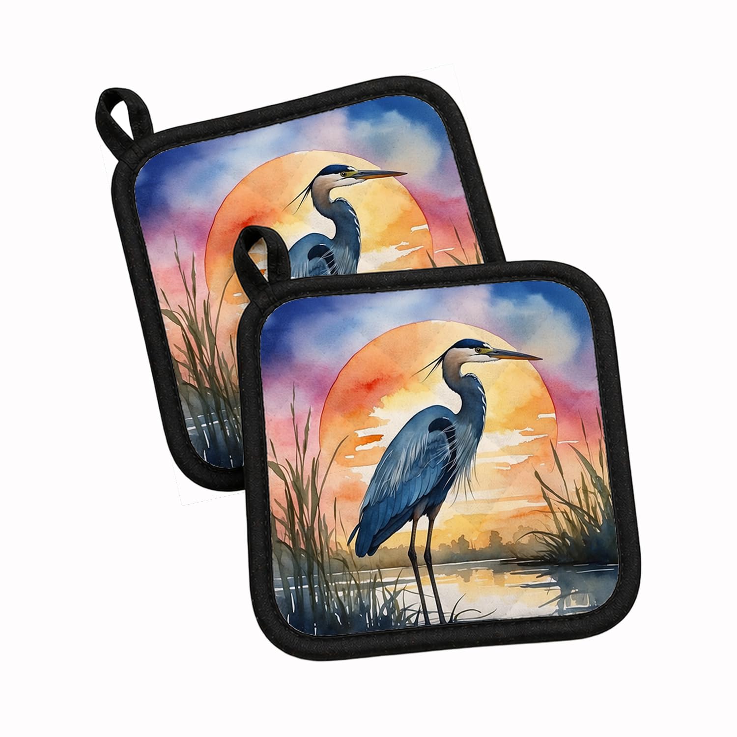 Carolines Treasures Blue Heron Setting Sun Pair of Pot Holders Kitchen Heat Resistant Pot Holders Sets Oven Hot Pads for Cooking Baking BBQ, 7 1/2 x 7 1/2