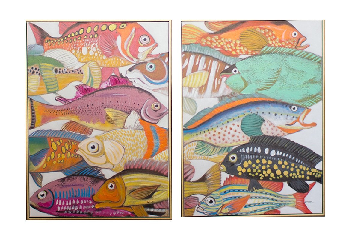 Oil Painting - Set Of Two Colorful Fish With Gold Frame