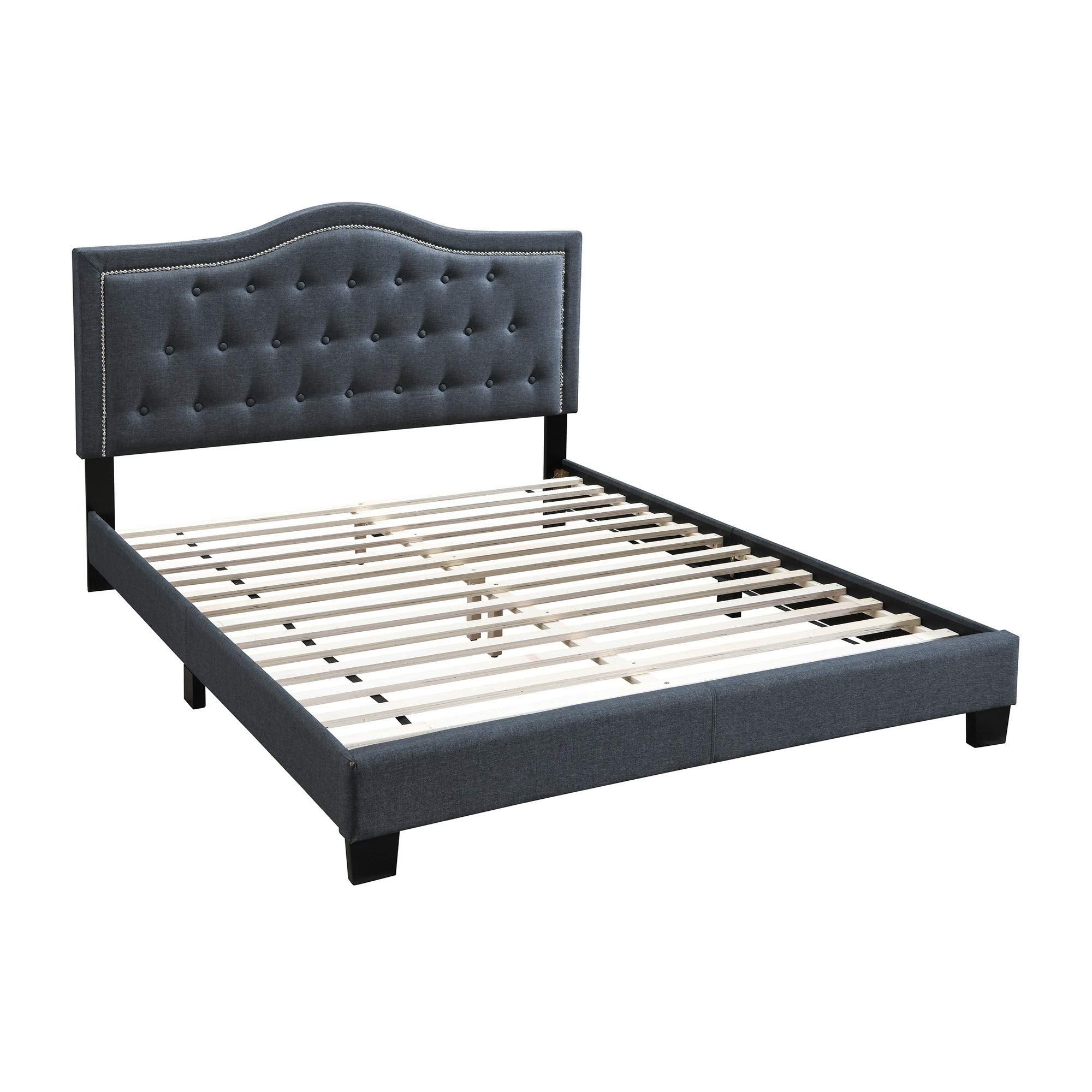 Button Tufted Queen Burlap Bed with Curved Headboard, Charcoal Gray