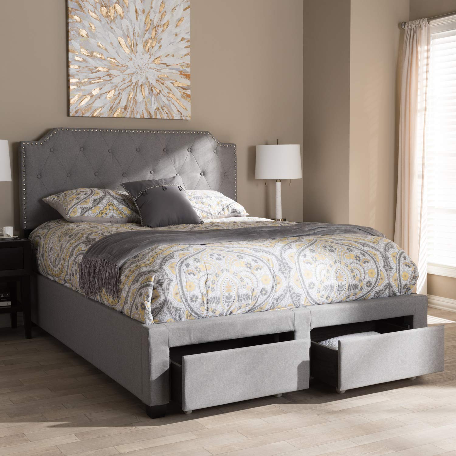 Baxton Studio Aubrianne Modern And Contemporary Grey Fabric Upholstered Queen Storage Bed Grey/Queen//Contemporary/Fabric Polyester 100%'/Rubber Wood/Mdf/Foam