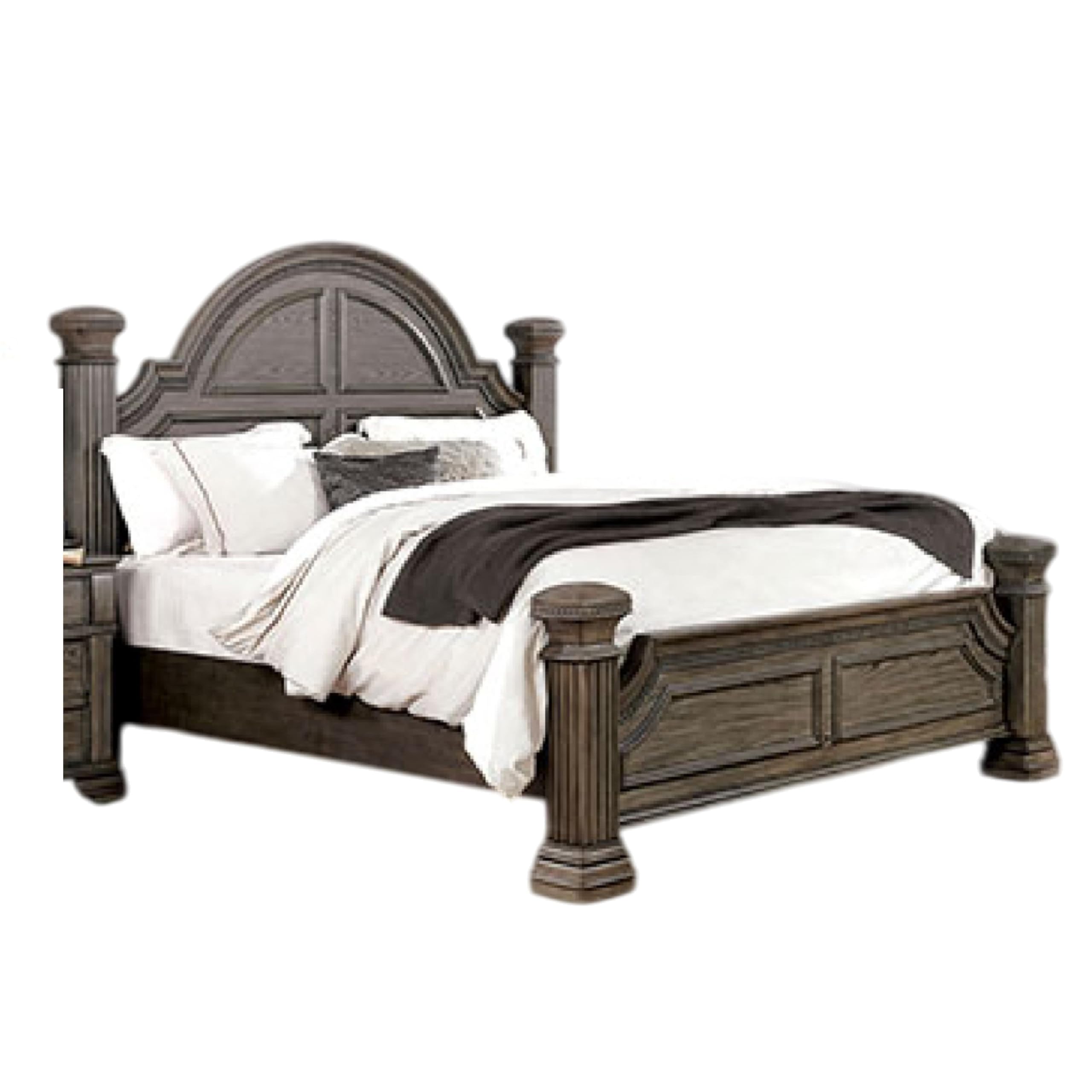 Akia Queen Bed, Gray Solid Wood, Classic Reeded Posts, Molded Trim