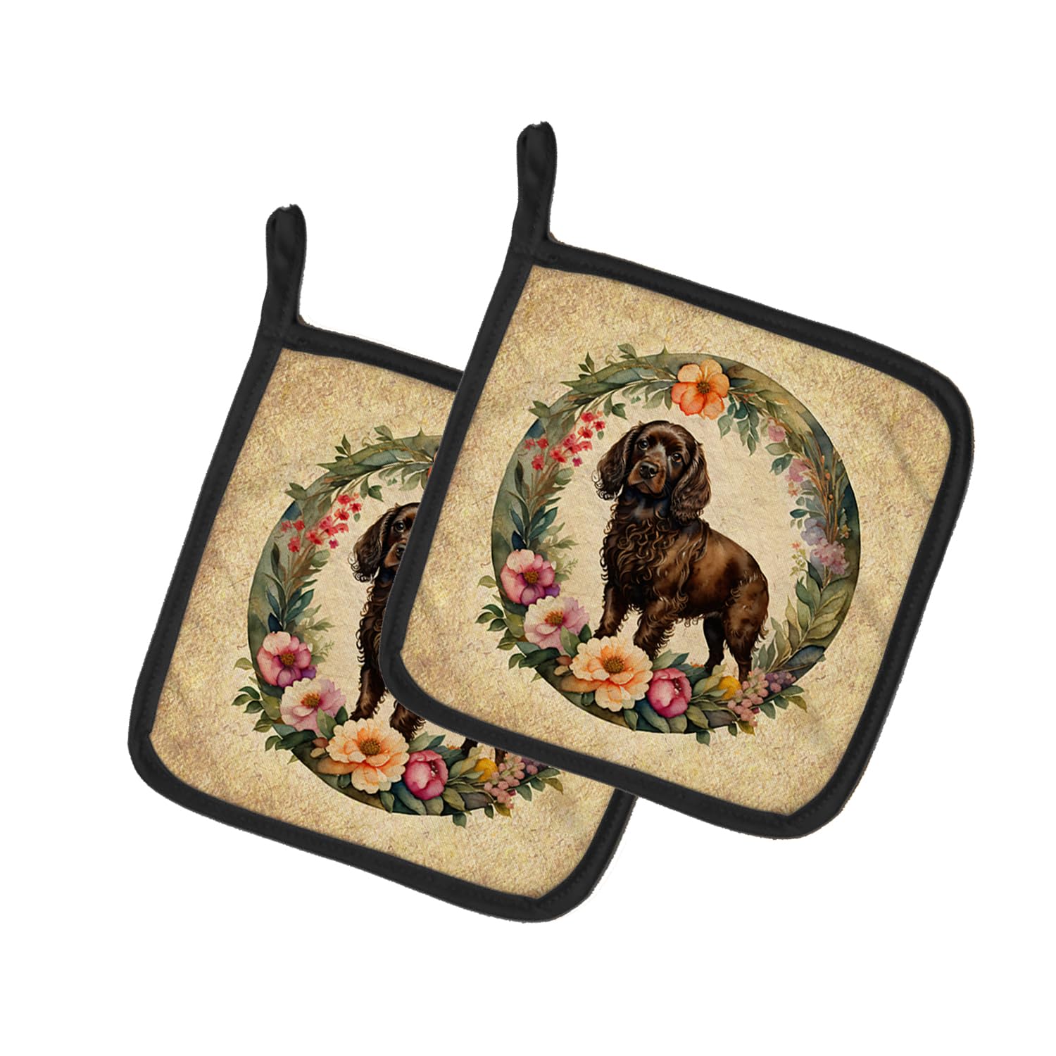 Boykin Spaniel and Flowers Pair of Pot Holders