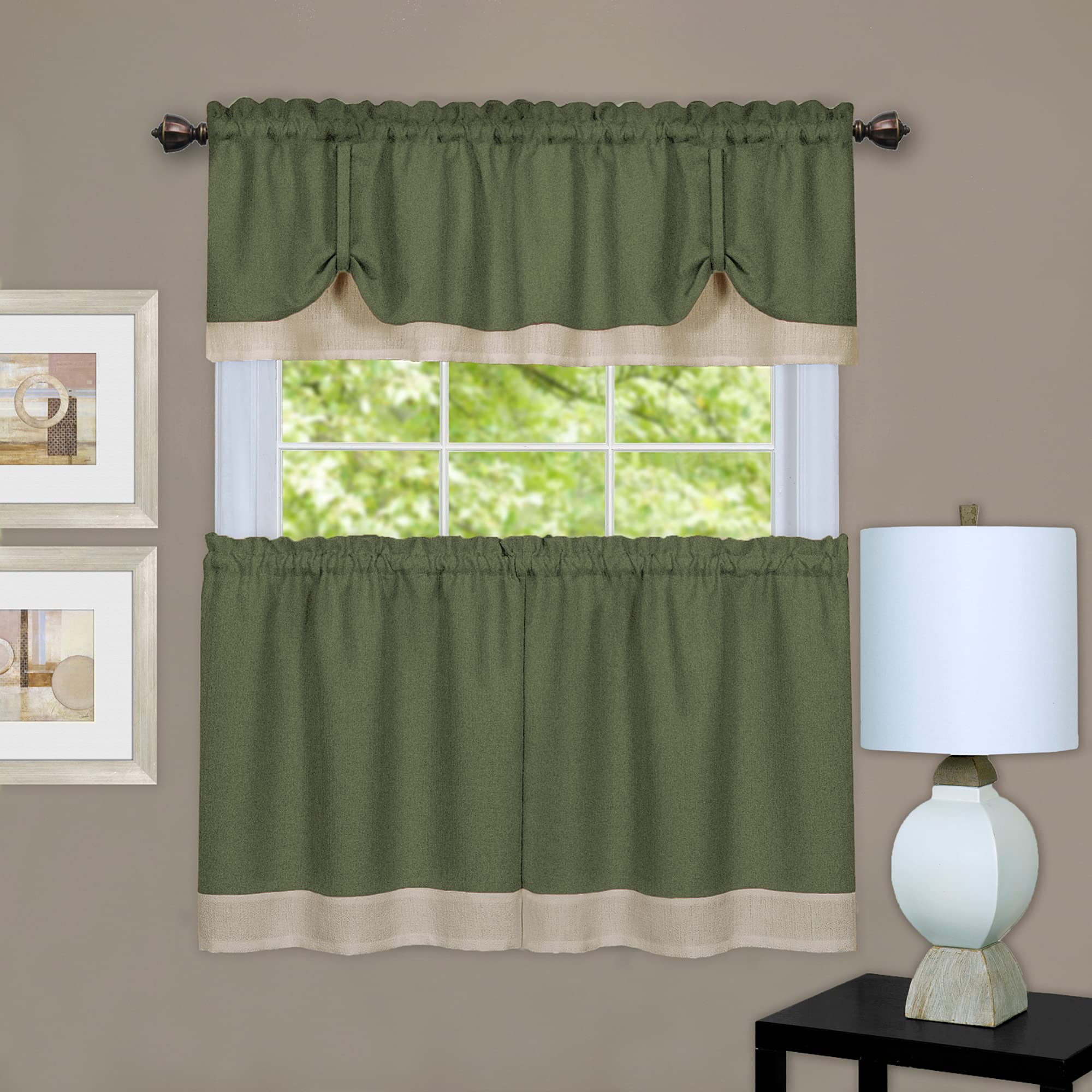 Darcy Window Curtain Tier and Valance Set 58x36/58x14 - Green/Camel