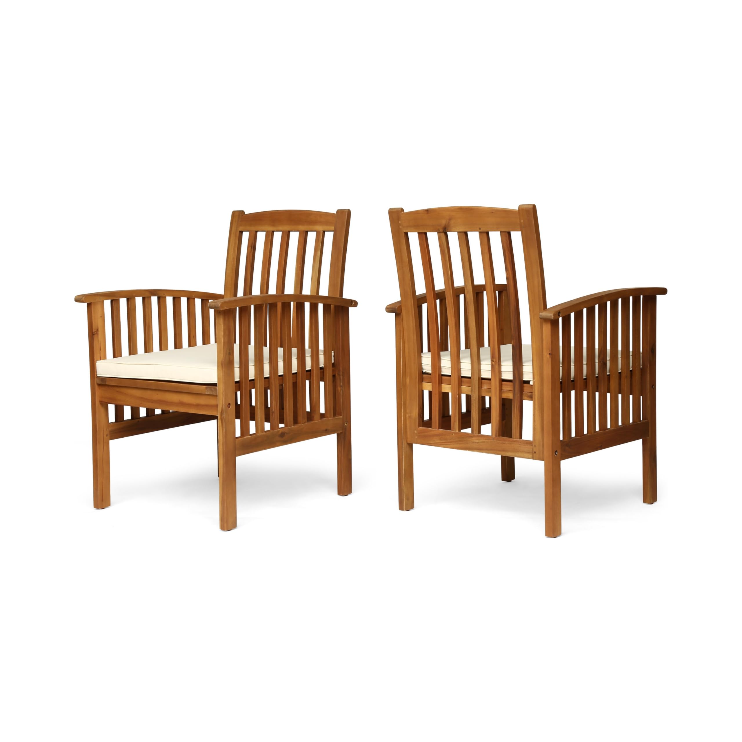 Gerry Dining Chair, Traditional Slat Design Brown Acacia Wood, Beige Fabric