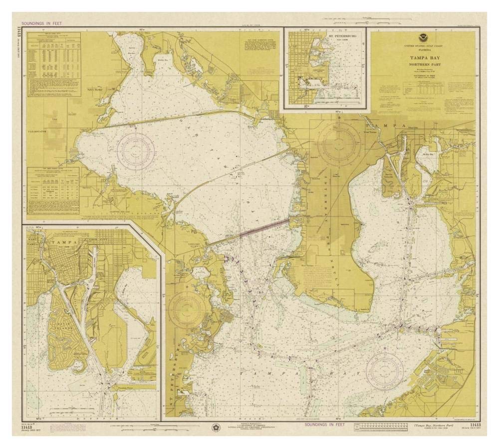Nautical Chart - Tampa Bay - Northern Part ca. 1975 - Sepia Tinted-Paper Art-42x38”