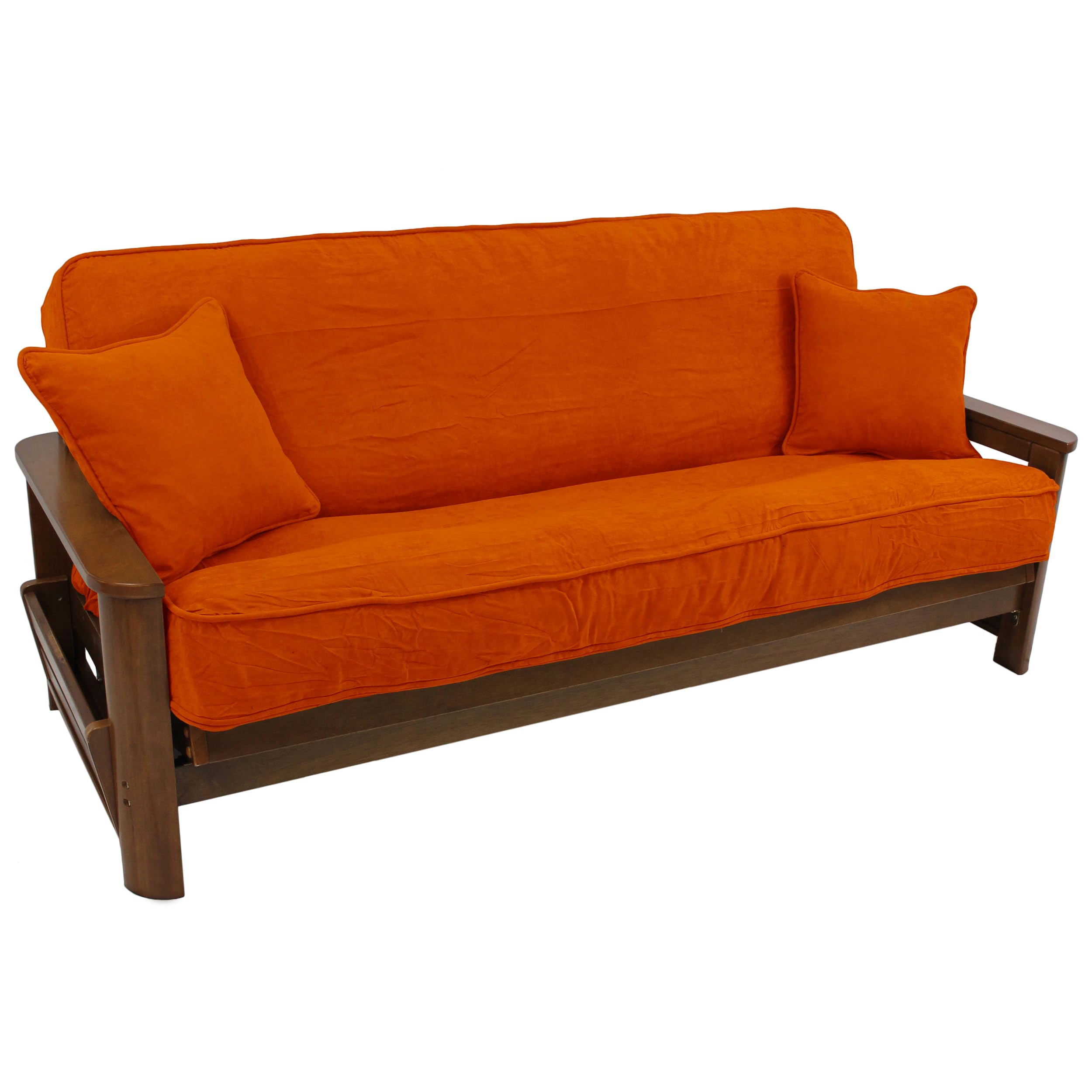 Solid Microsuede Double Corded 8 to 9-inch Full Futon Cover Set with Two 18-inch Throw Pillows (Set of 3) - Tangerine Dream