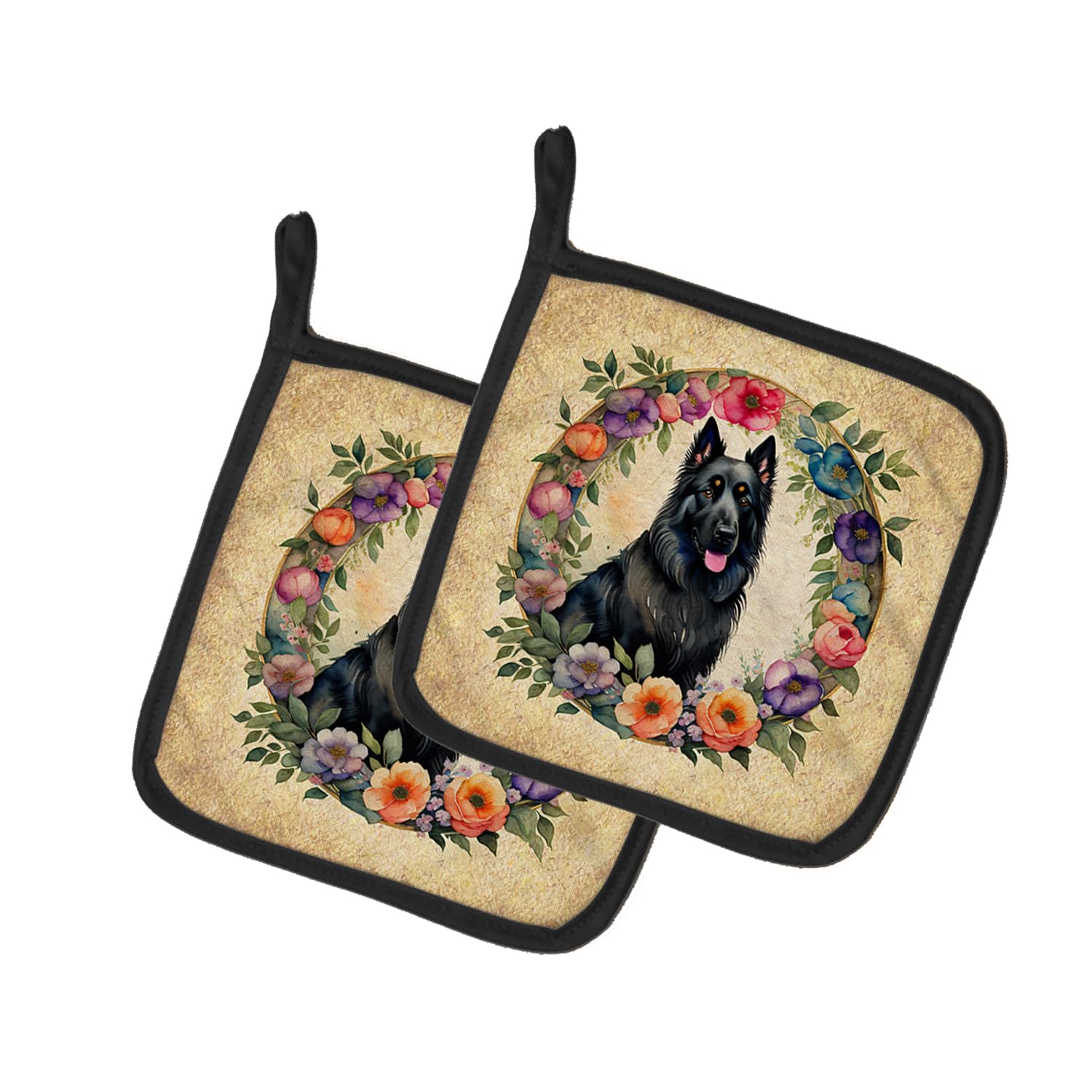 Belgian Sheepdog and Flowers Pair of Pot Holders