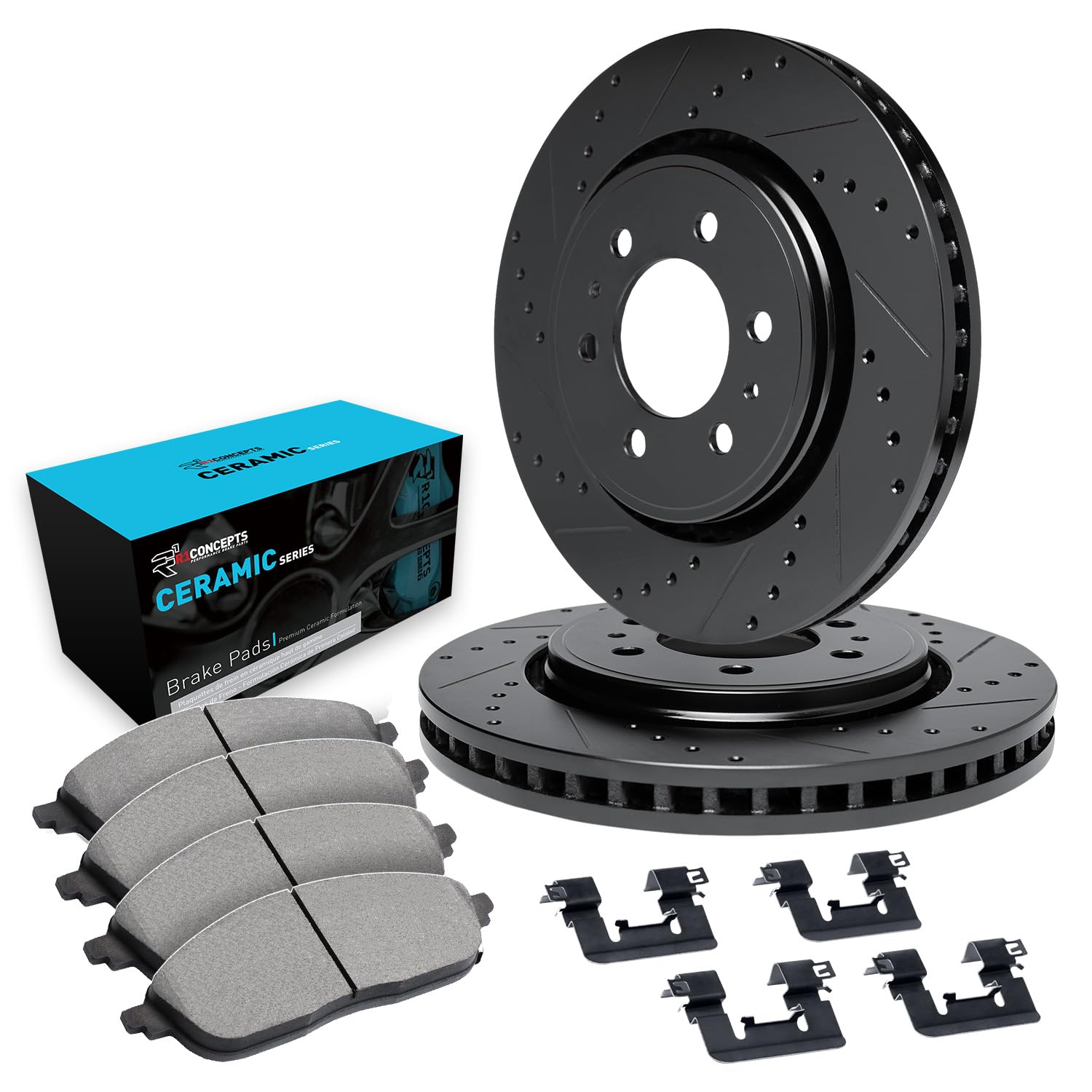 R1 Concepts Drilled and Slotted Black Disc Brake Rotor Set with Ceramic Pads and Hardware WHWH1-68018