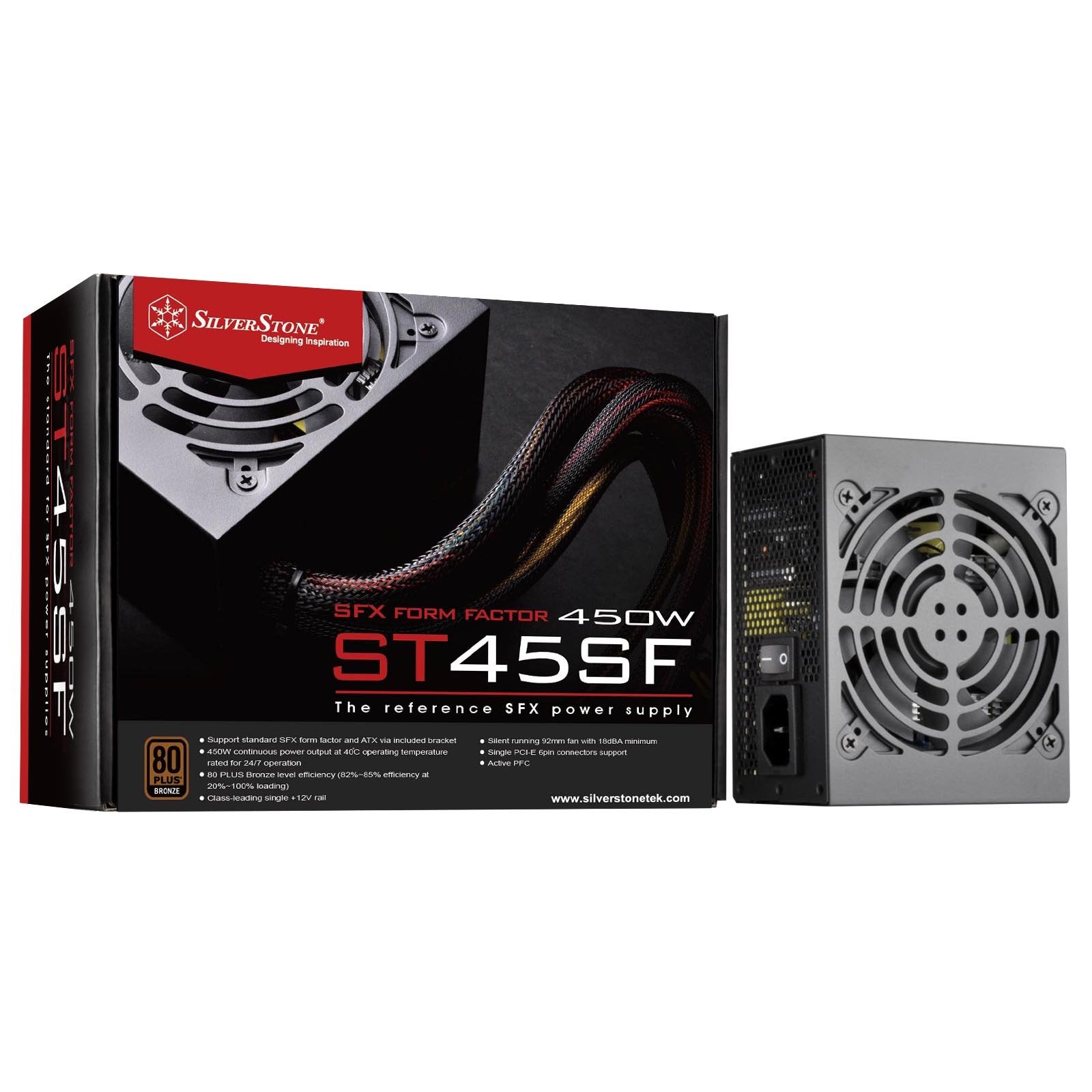 450W, SFX form factor, single +12V rails with 37.5A output, Silent 92mmFan with 18dBA, efficiency 80Plus Bronze certification, fixed cable, 1x6+2pin PCI-E, 1x6pin PCI-E, SFX to ATX bracket