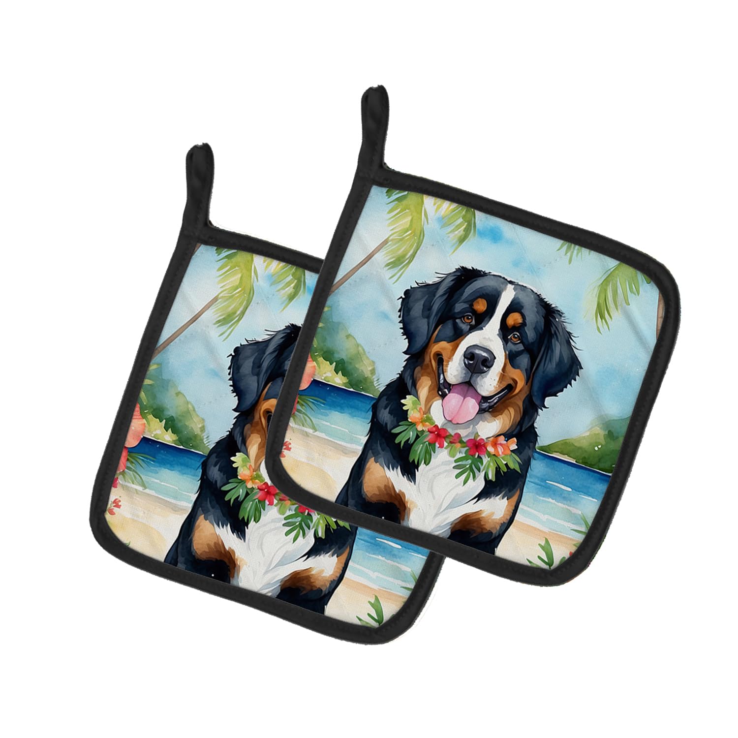 Bernese Mountain Dog Luau Pair of Pot Holders