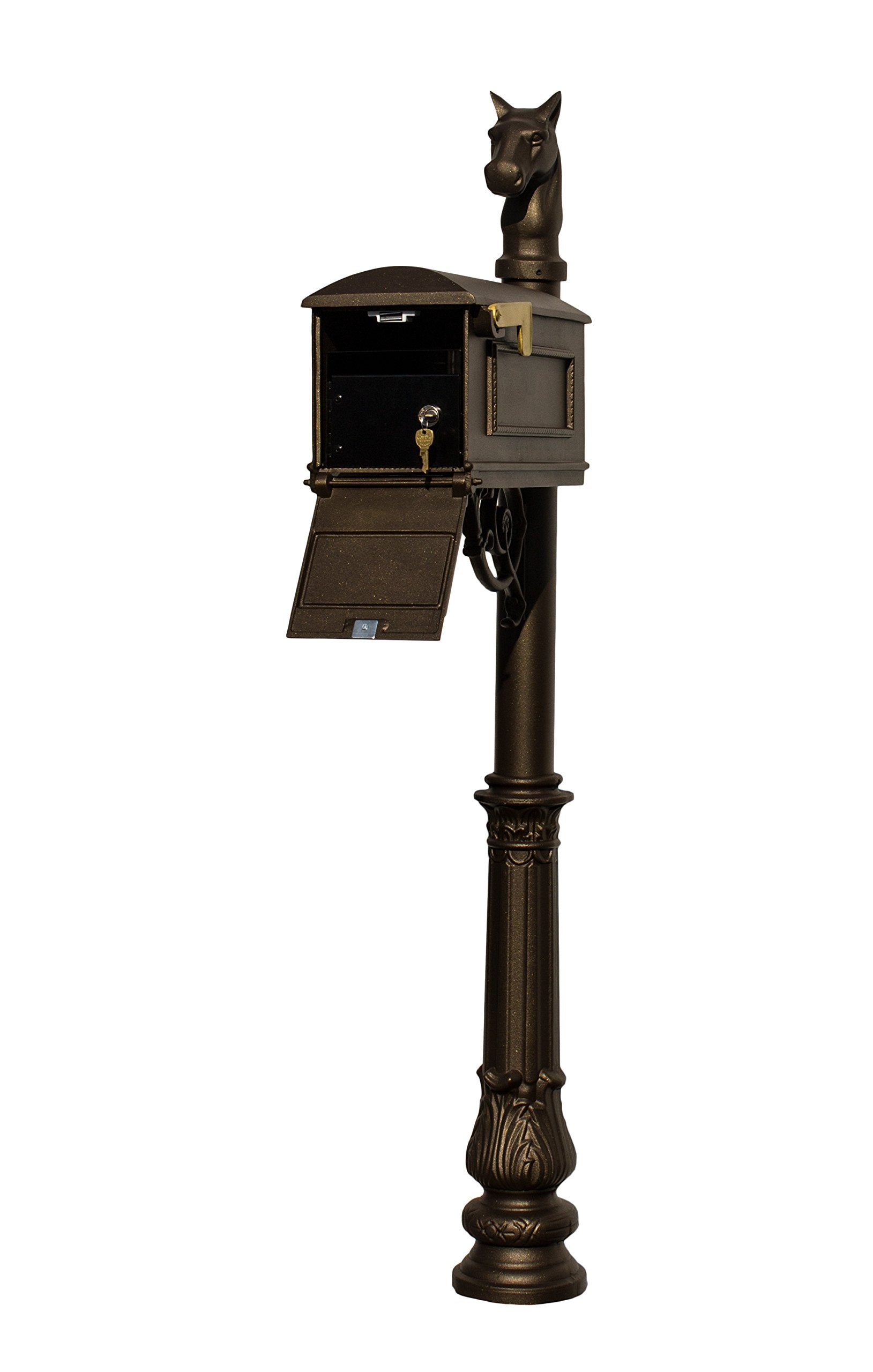 Lewiston Equine Mailbox Post System with Locking Insert, ornate base, horsehead finial (No address plates or numbers)