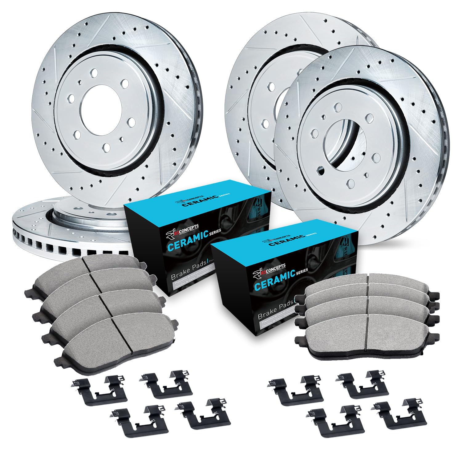 R1 Concepts Drilled and Slotted Silver Disc Brake Rotor Set with Ceramic Pads and Hardware WGWH2-76065